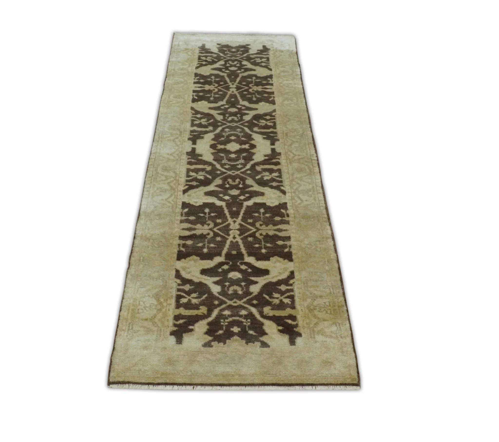 Hand Knotted Brown and Beige Antique Oushak Wool Runner Rug - Image 8