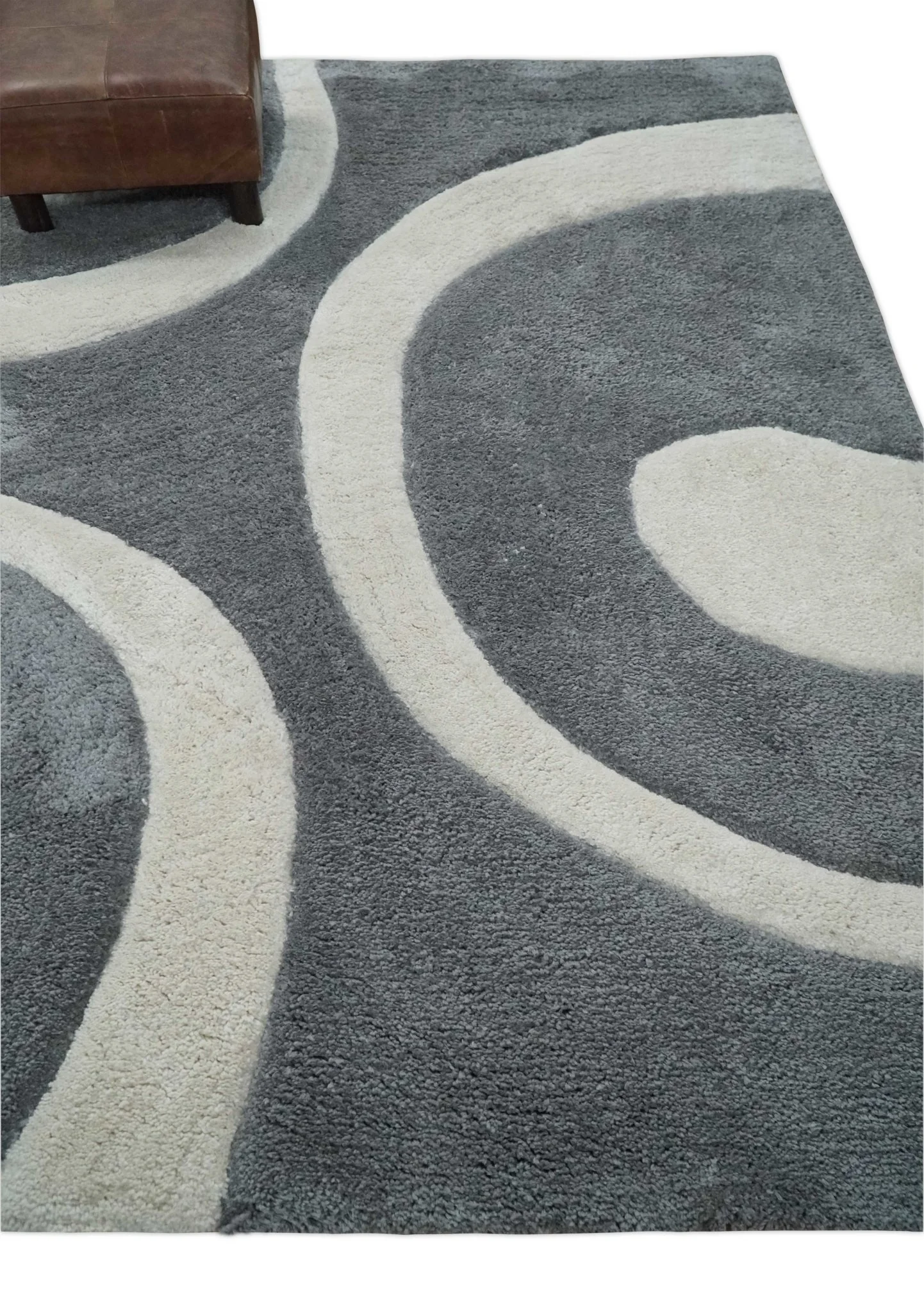 Plush Contemporary 3x5, 4x6 and 5x7 Hand Woven Shag Ivory and Gray Art Silk Soft Area Rug - Image 3