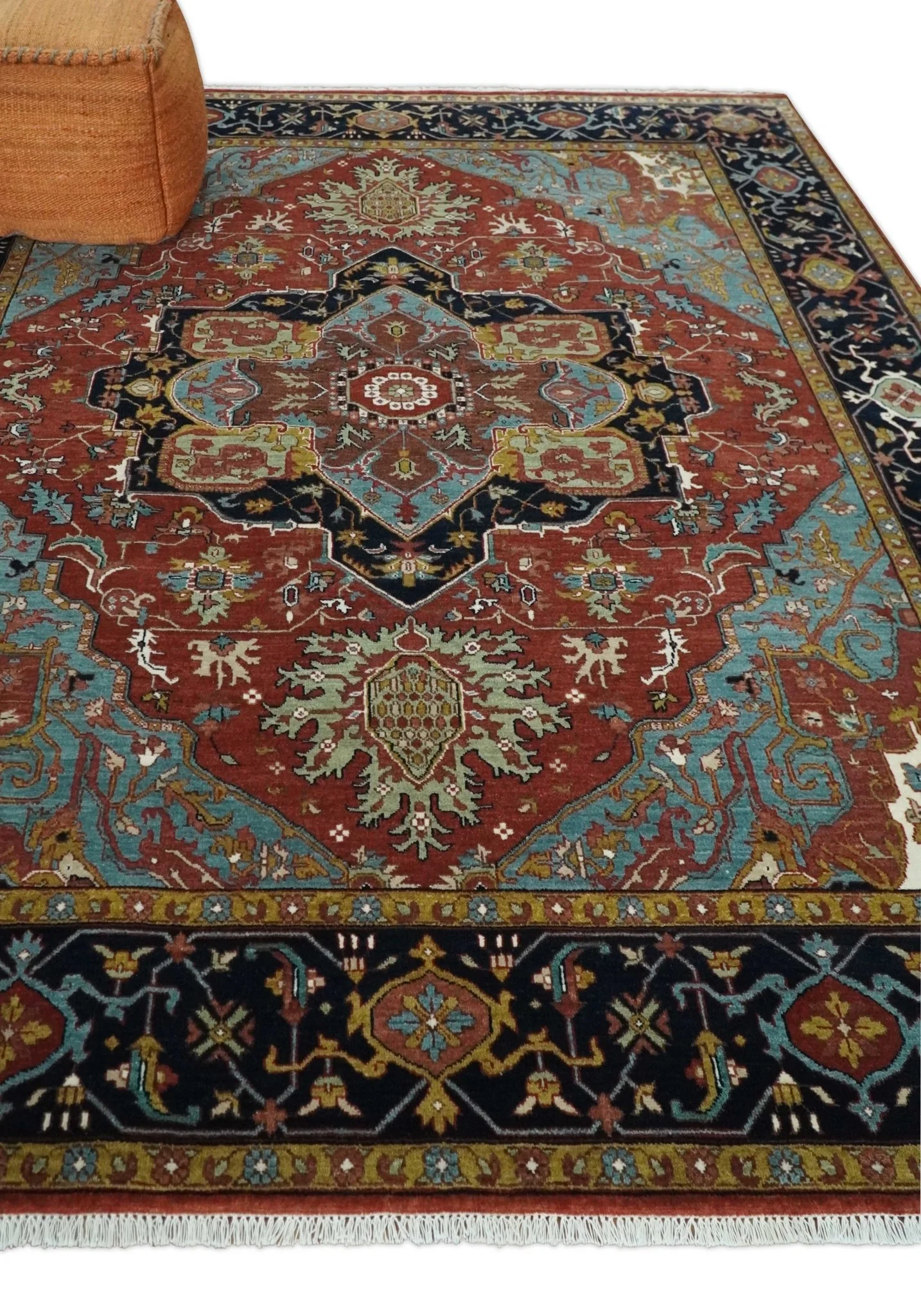 Hand Knotted Rust, Blue and Black Traditional Vintage Style Heriz Serapi Custom Made Wool Area Rug - Image 3