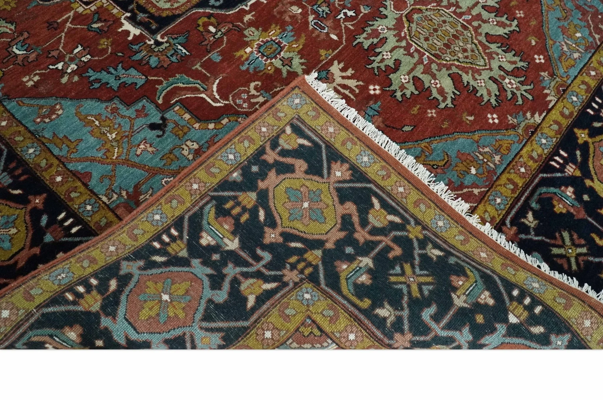 Hand Knotted Rust, Blue and Black Traditional Vintage Style Heriz Serapi Custom Made Wool Area Rug - Image 4