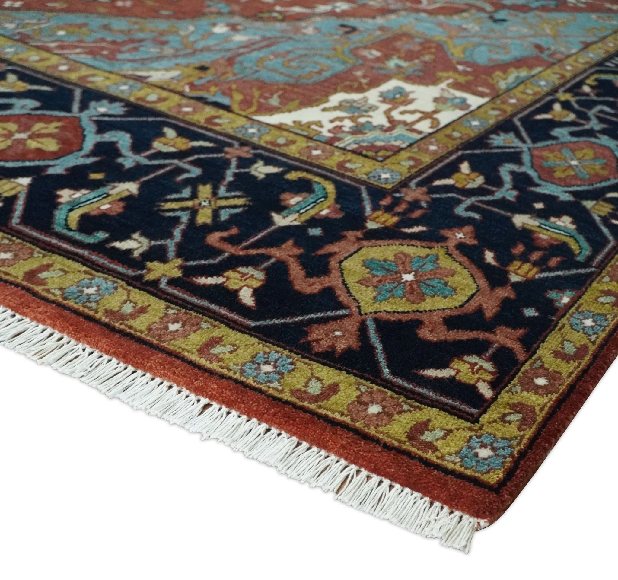 Hand Knotted Rust, Blue and Black Traditional Vintage Style Heriz Serapi Custom Made Wool Area Rug - Image 5