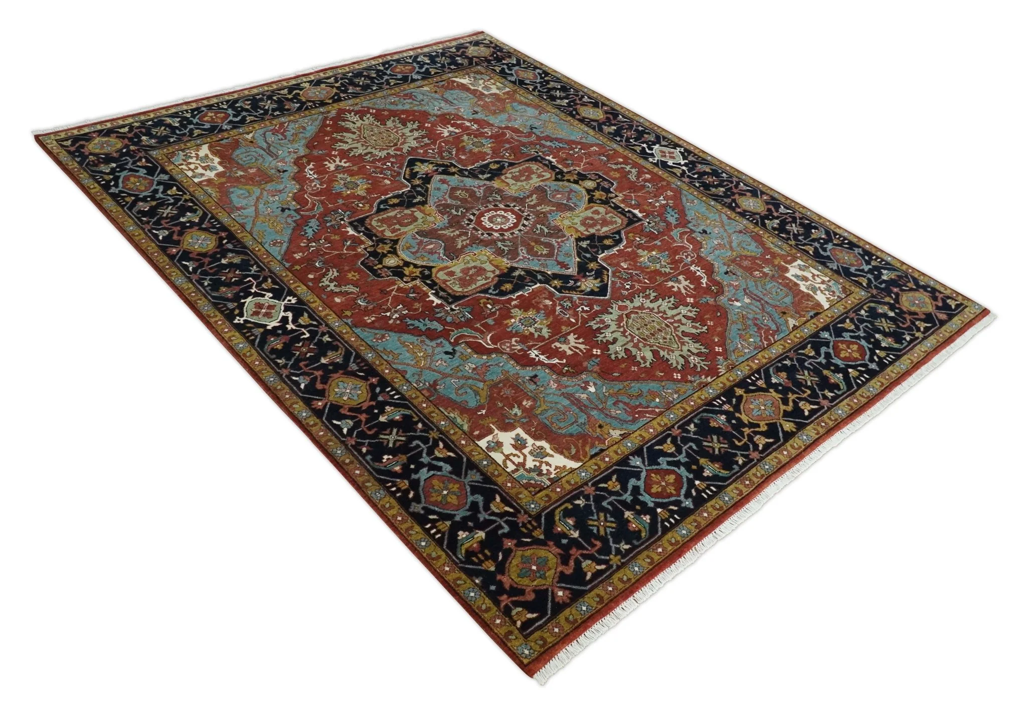 Hand Knotted Rust, Blue and Black Traditional Vintage Style Heriz Serapi Custom Made Wool Area Rug - Image 7