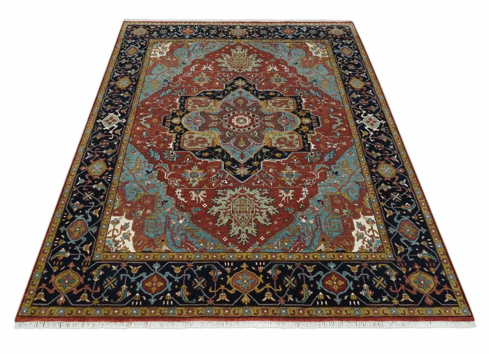 Hand Knotted Rust, Blue and Black Traditional Vintage Style Heriz Serapi Custom Made Wool Area Rug - Image 8