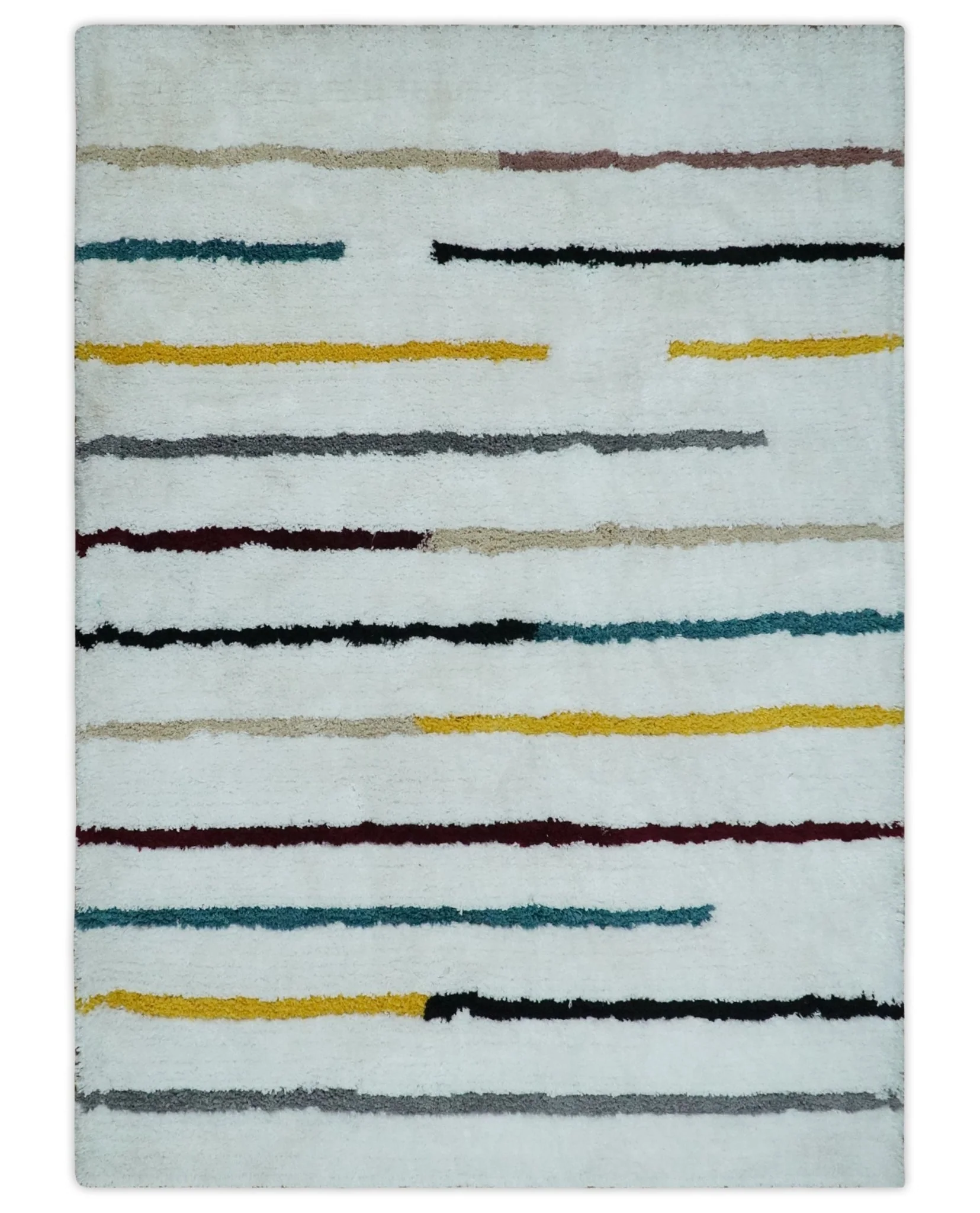 Plush and Thick Hand Woven Shag White with multicolor Stripes Soft Area Rug | SHAG2 - Image 11