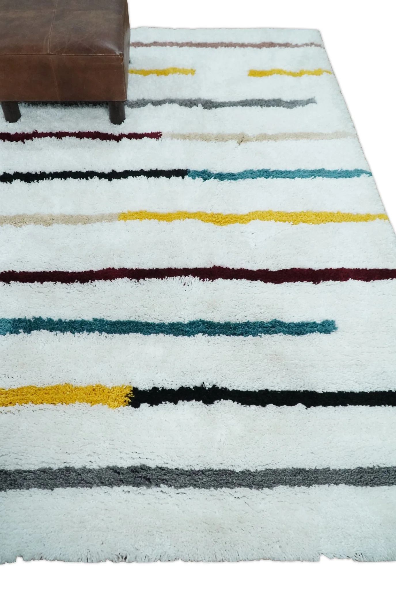 Plush and Thick Hand Woven Shag White with multicolor Stripes Soft Area Rug | SHAG2 - Image 3