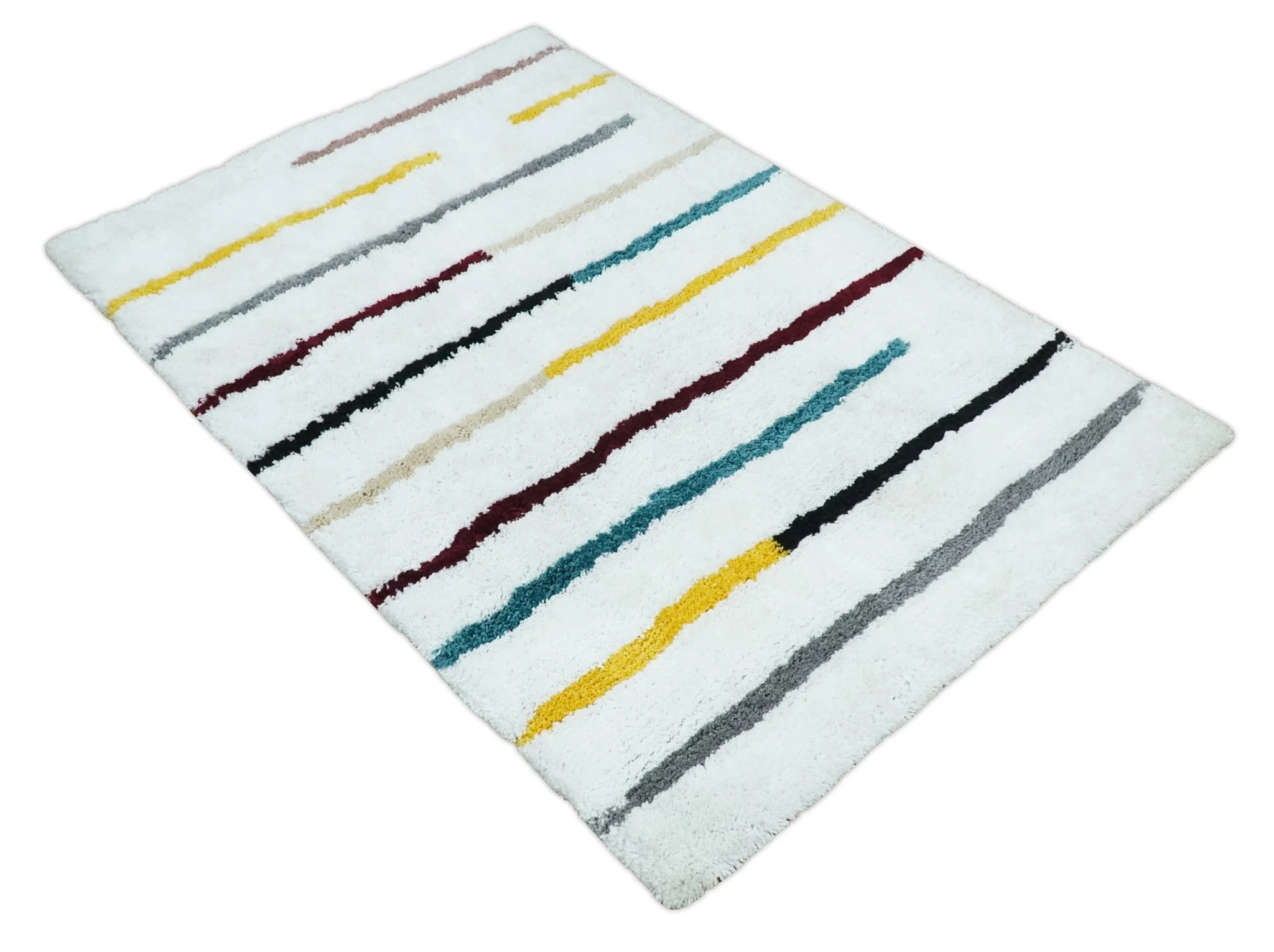 Plush and Thick Hand Woven Shag White with multicolor Stripes Soft Area Rug | SHAG2 - Image 8