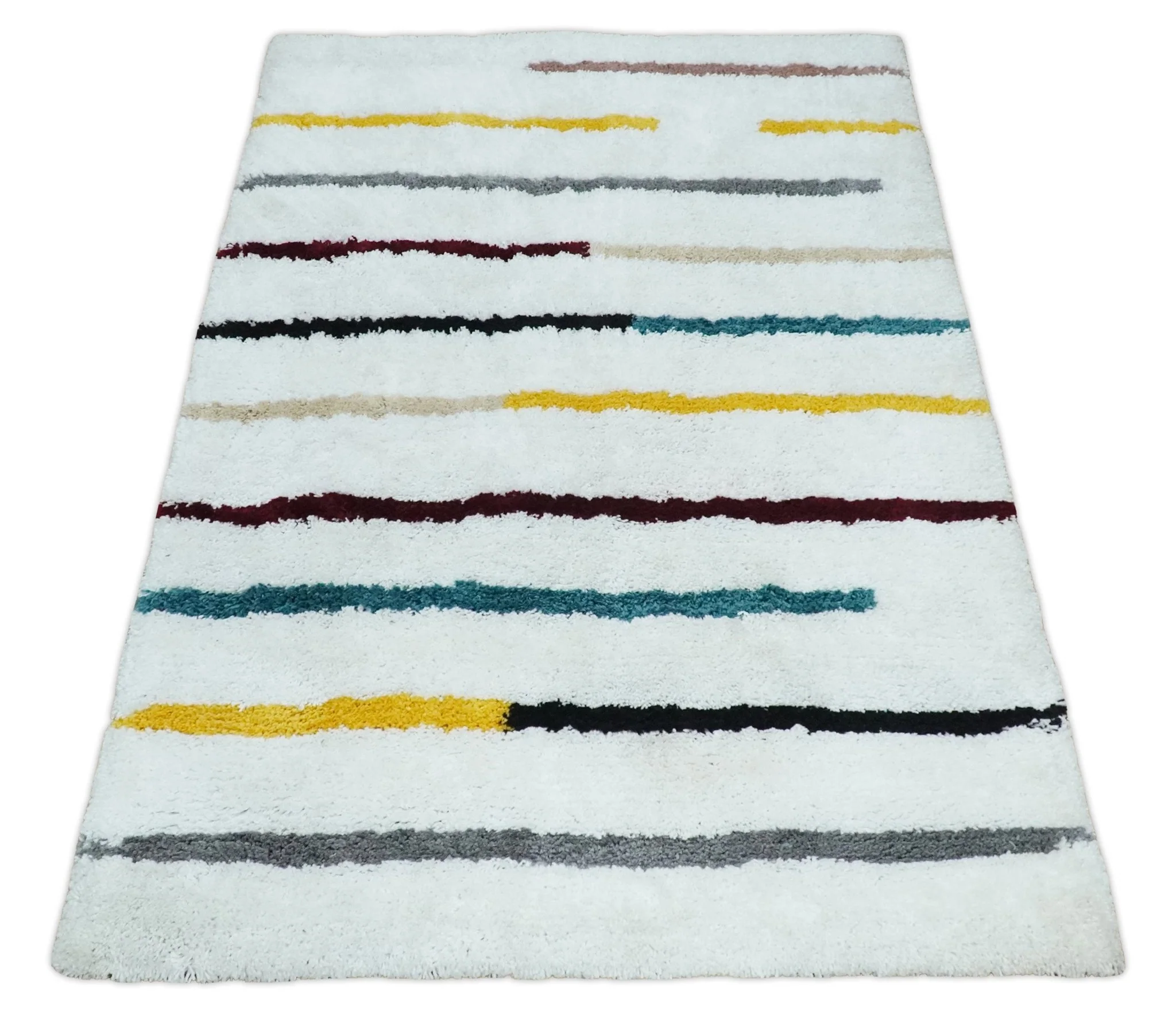 Plush and Thick Hand Woven Shag White with multicolor Stripes Soft Area Rug | SHAG2 - Image 9