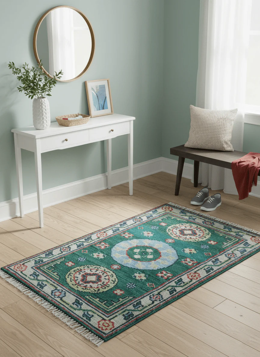 3x5 Hand knotted Traditional Khotan Design Teal Wool Area Rug - Image 2