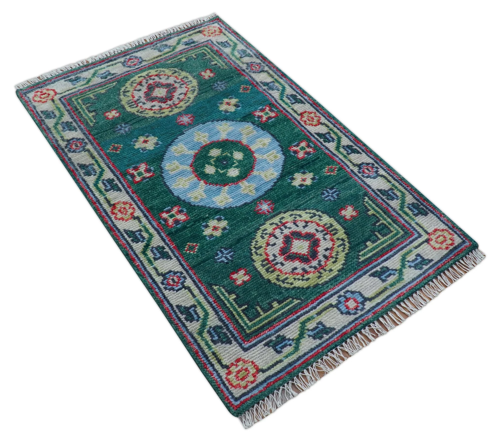 3x5 Hand knotted Traditional Khotan Design Teal Wool Area Rug - Image 3