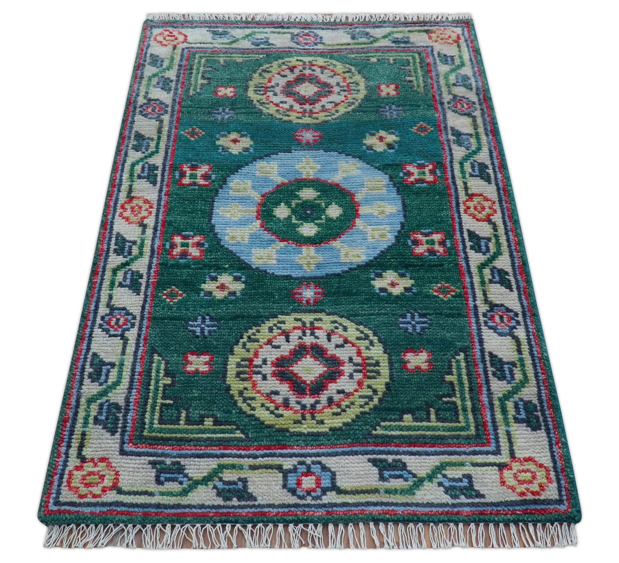 3x5 Hand knotted Traditional Khotan Design Teal Wool Area Rug - Image 4