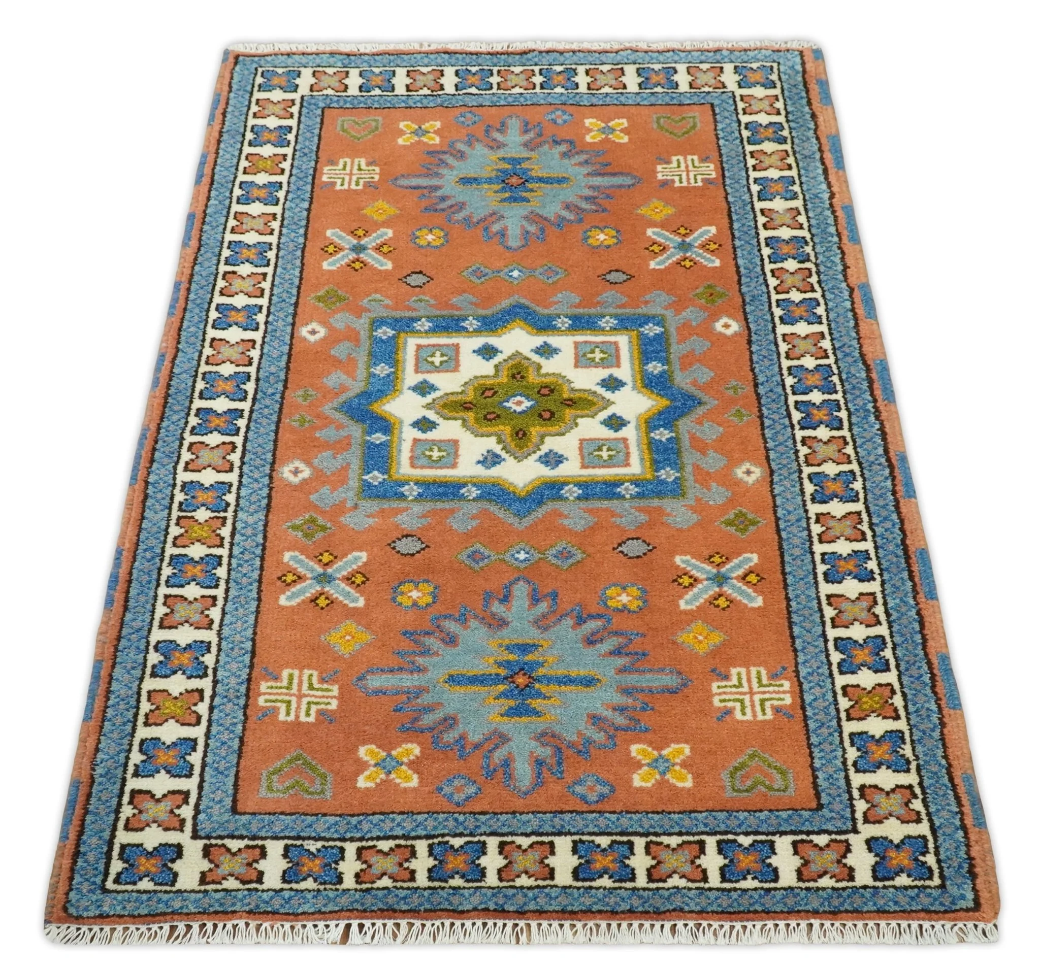 3x5 Rust and BIue Wool Hand Knotted traditional Vintage Antique Southwestern Tribal Kazak | TRDCP38135 - Image 3