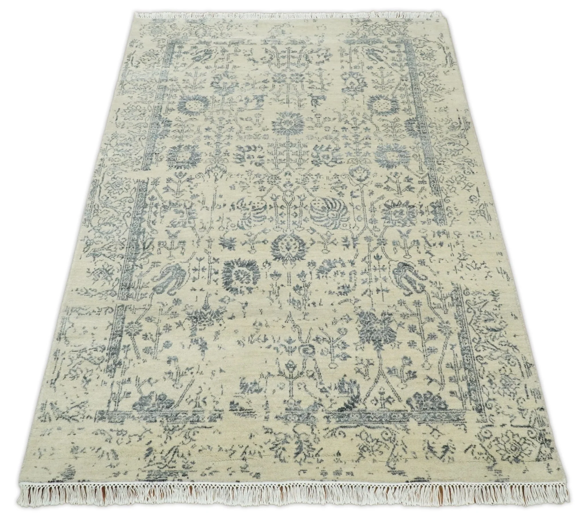 4x6 Fine Hand Knotted Beige and Gray Traditional Vintage Persian Style Antique Wool and Silk Rug | AGR14 - Image 10