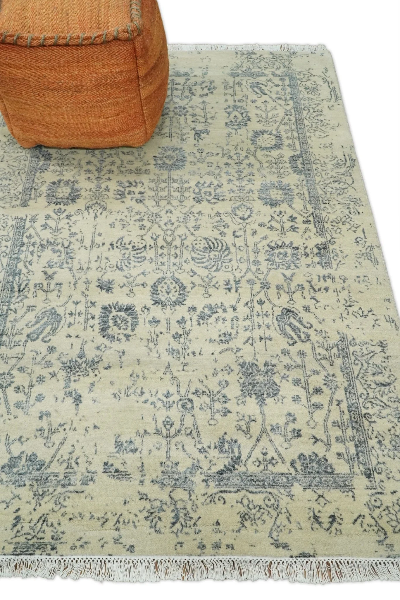 4x6 Fine Hand Knotted Beige and Gray Traditional Vintage Persian Style Antique Wool and Silk Rug | AGR14 - Image 3