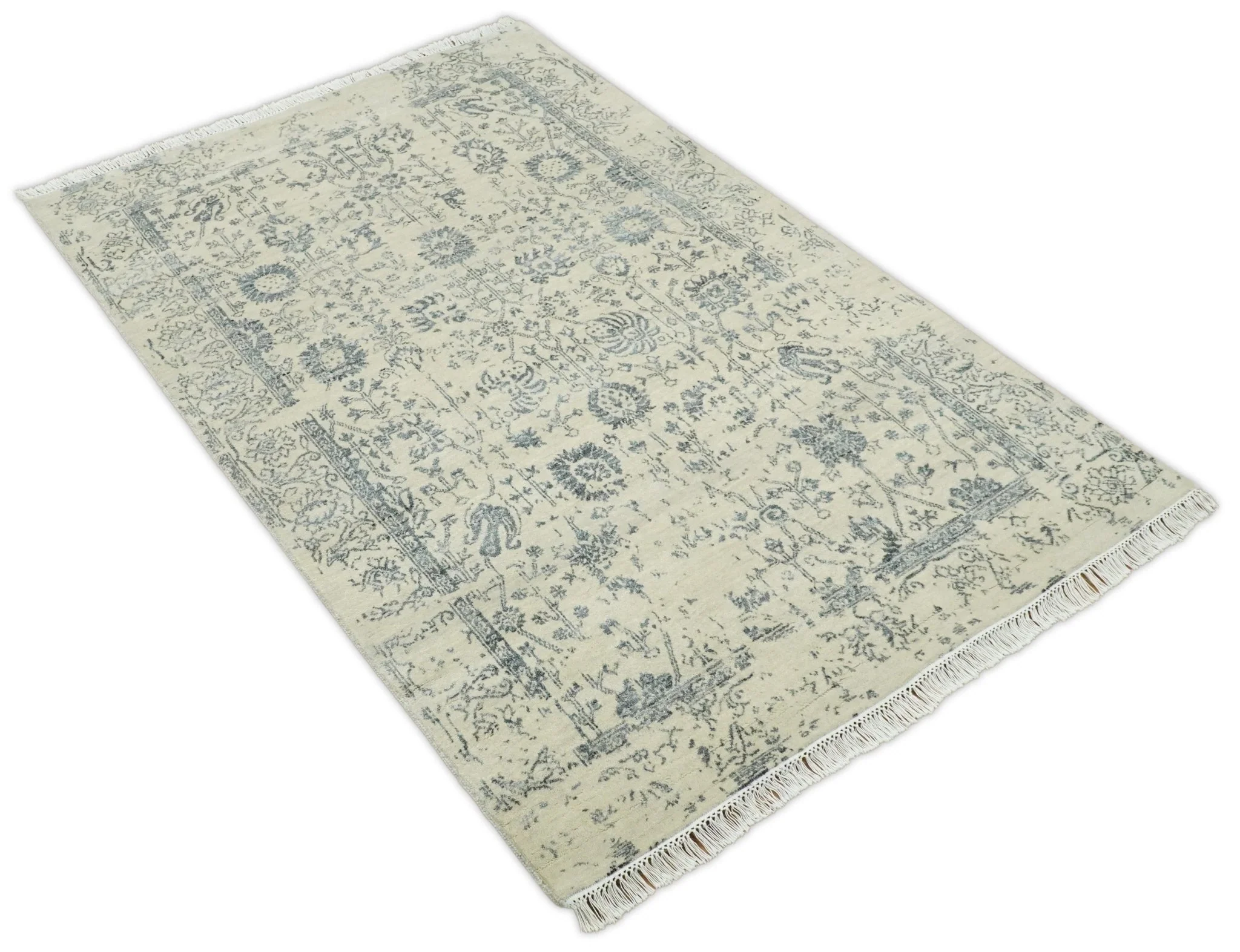 4x6 Fine Hand Knotted Beige and Gray Traditional Vintage Persian Style Antique Wool and Silk Rug | AGR14 - Image 9