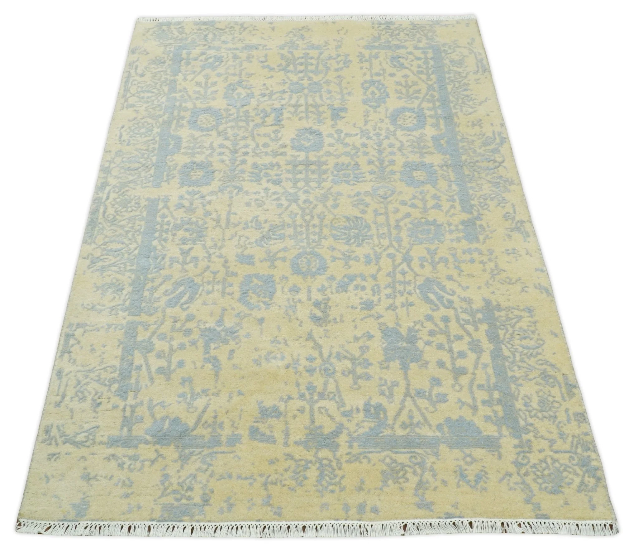 4x6 Fine Hand Knotted Gold and Silver Traditional Vintage Persian Style Antique Wool and Silk Rug | AGR11 - Image 10
