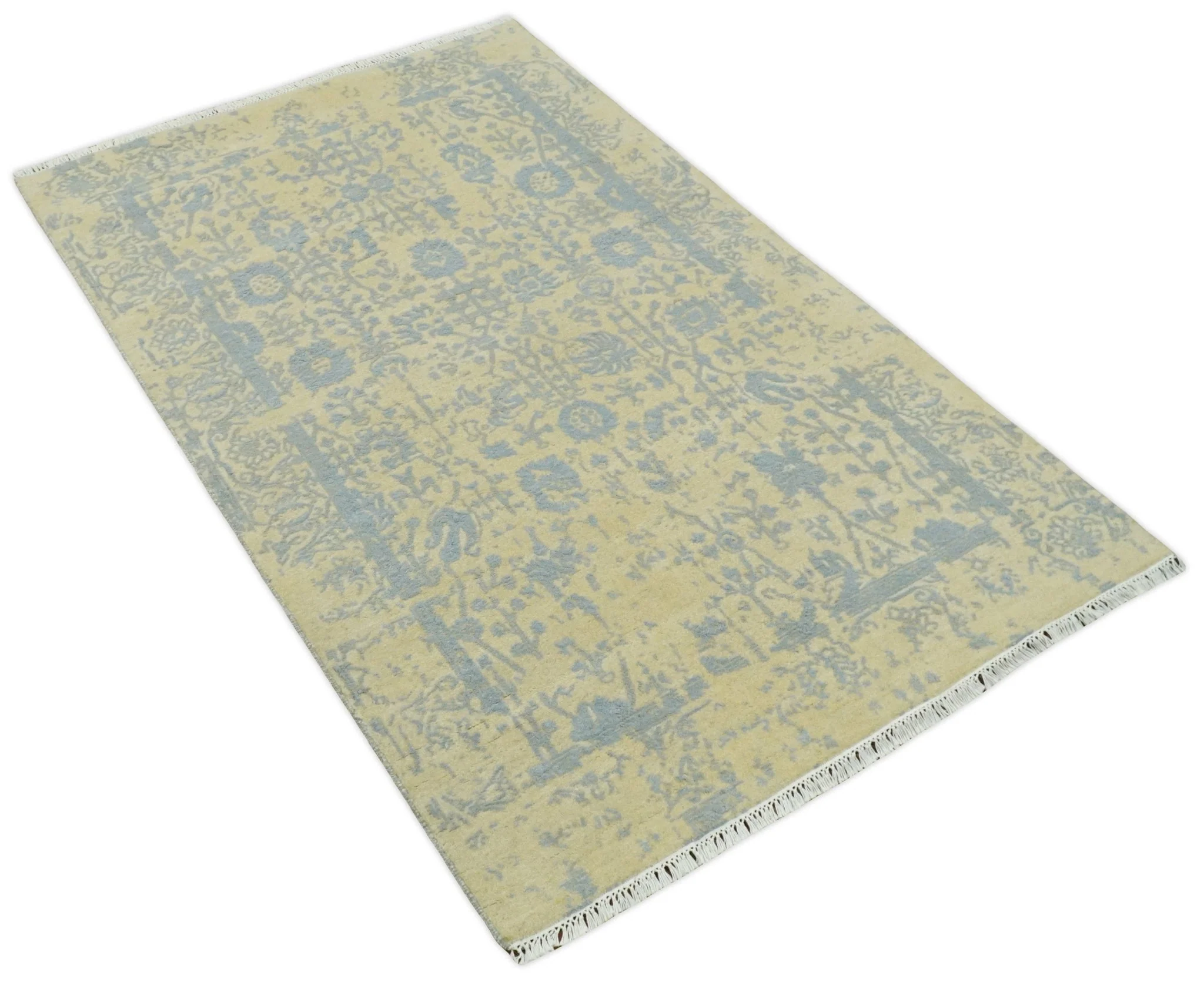 4x6 Fine Hand Knotted Gold and Silver Traditional Vintage Persian Style Antique Wool and Silk Rug | AGR11 - Image 9