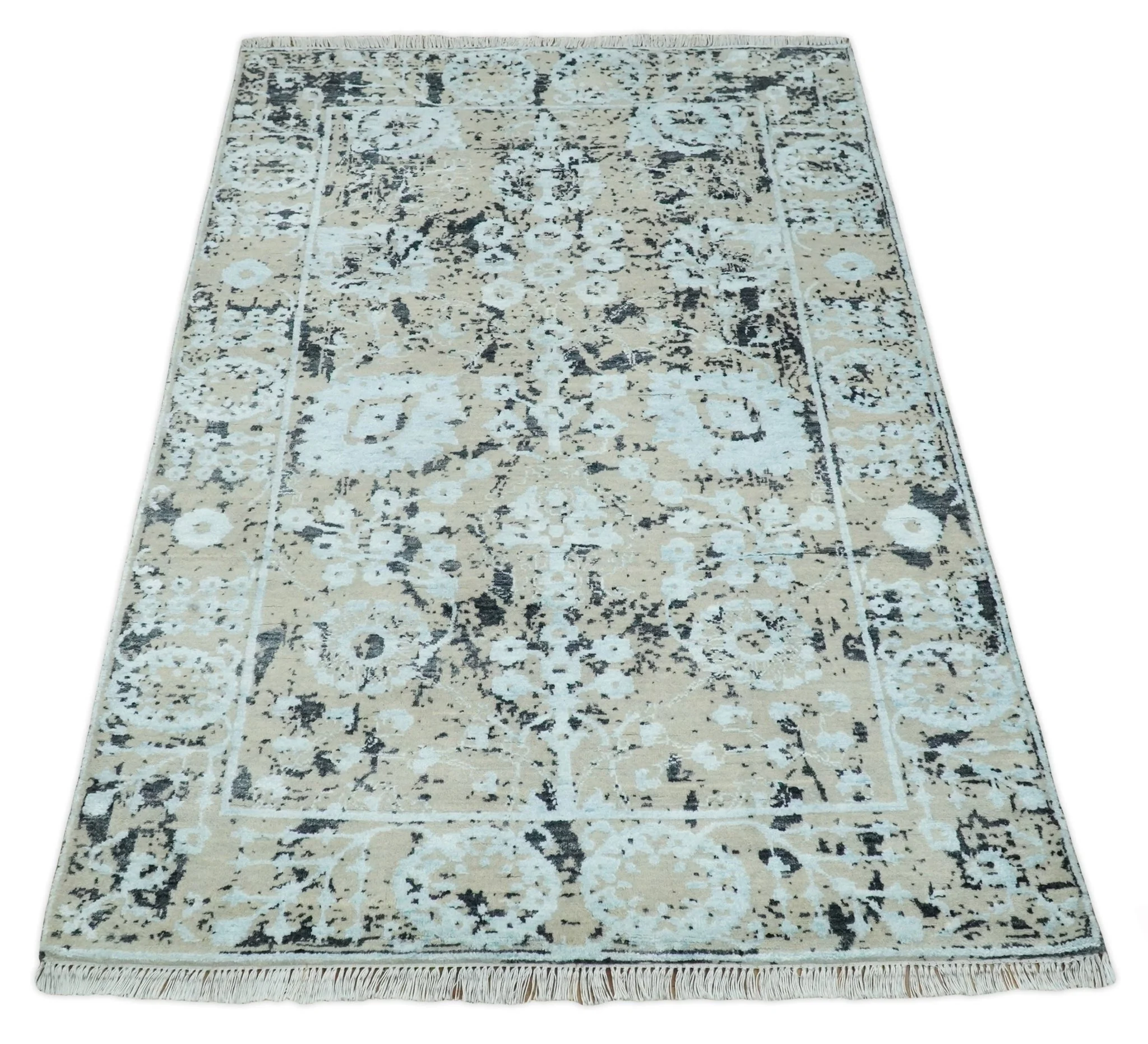 4x6 Fine Hand Knotted Aqua, Beige and Black Traditional Vintage Persian Style Antique Wool and Bamboo Silk Rug | AGR10 - Image 10