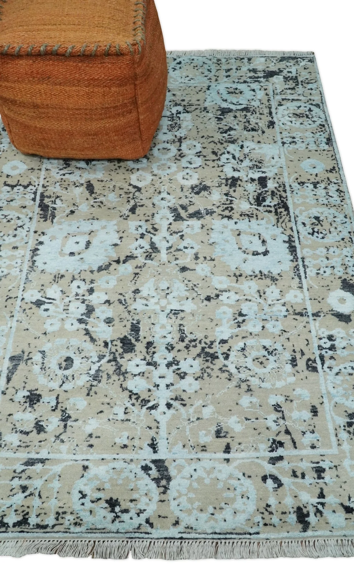 4x6 Fine Hand Knotted Aqua, Beige and Black Traditional Vintage Persian Style Antique Wool and Bamboo Silk Rug | AGR10 - Image 3