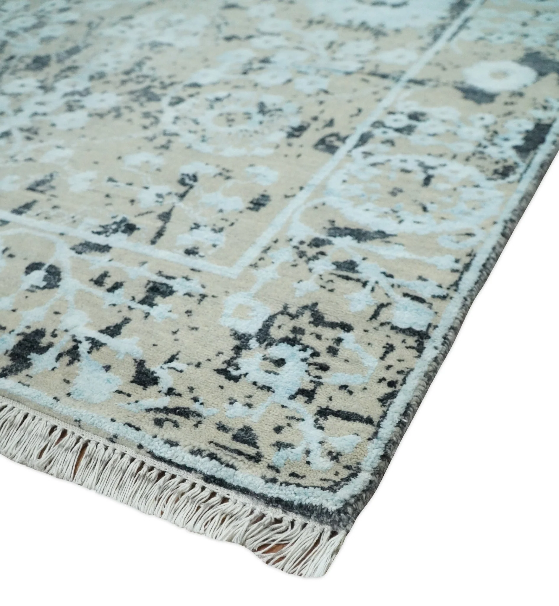 4x6 Fine Hand Knotted Aqua, Beige and Black Traditional Vintage Persian Style Antique Wool and Bamboo Silk Rug | AGR10 - Image 5