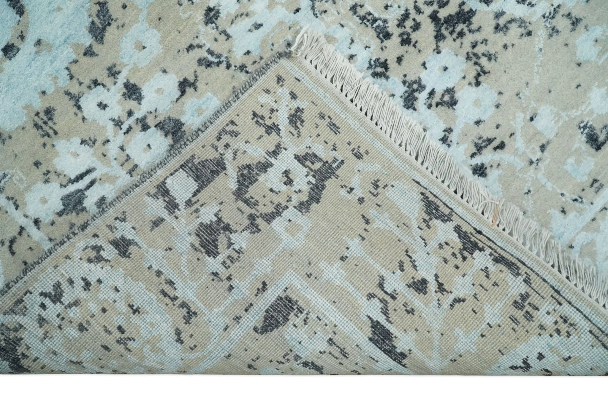 4x6 Fine Hand Knotted Aqua, Beige and Black Traditional Vintage Persian Style Antique Wool and Bamboo Silk Rug | AGR10 - Image 7