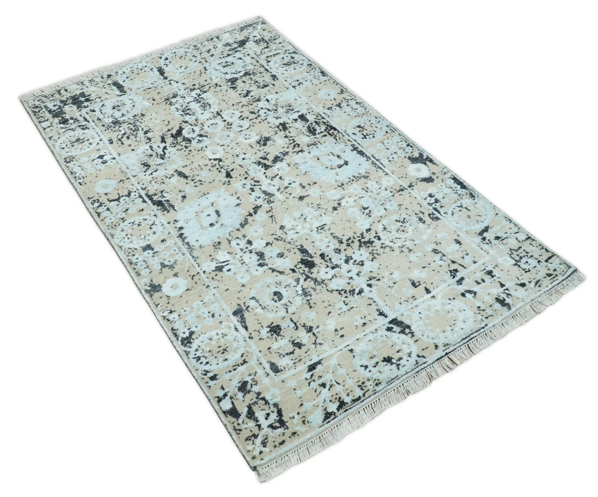 4x6 Fine Hand Knotted Aqua, Beige and Black Traditional Vintage Persian Style Antique Wool and Bamboo Silk Rug | AGR10 - Image 9
