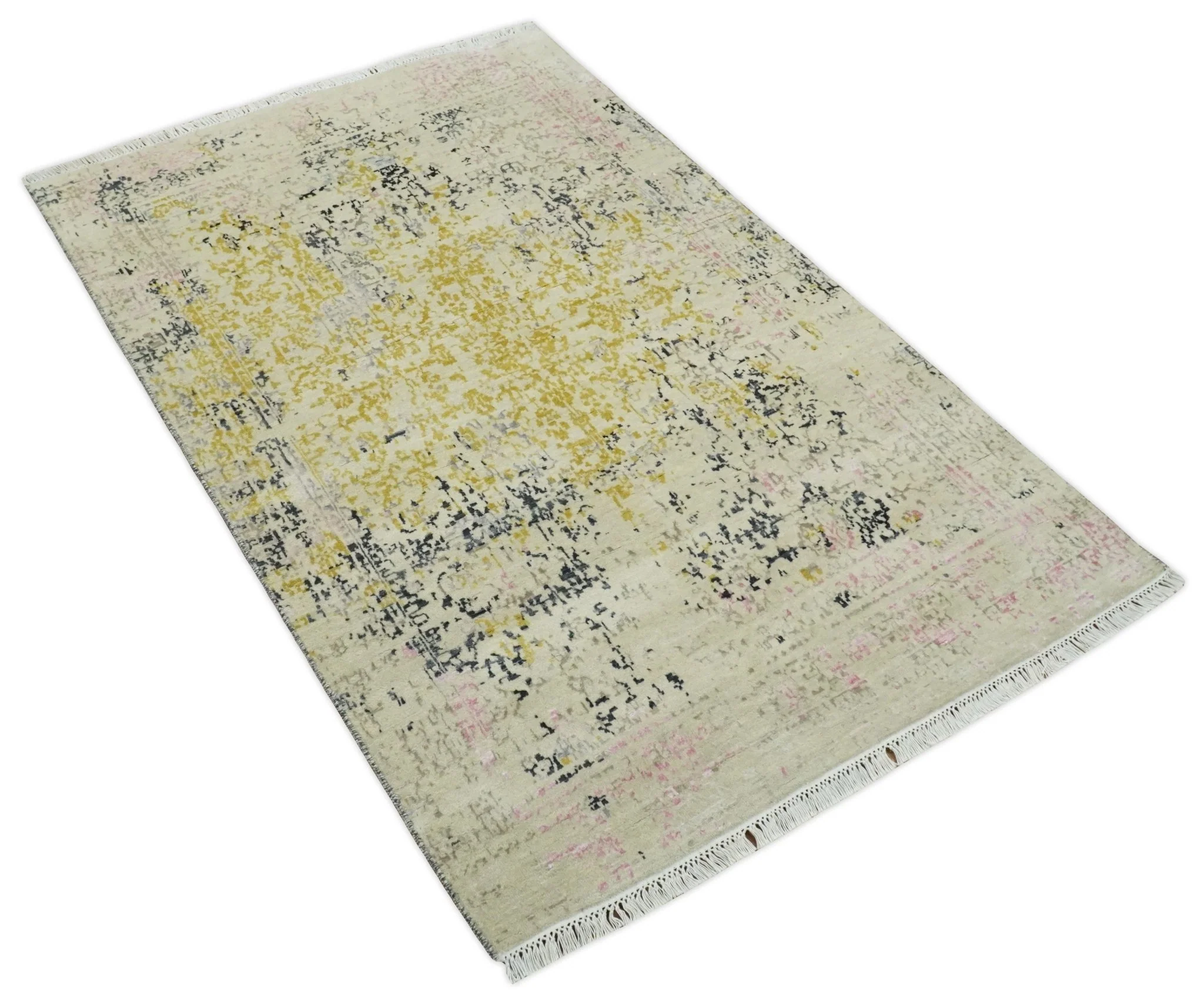 4x6 Fine Hand Knotted Gold, Gray and Ivory Modern Abstract Wool and SIlk Area Rug | AGR17 - Image 10