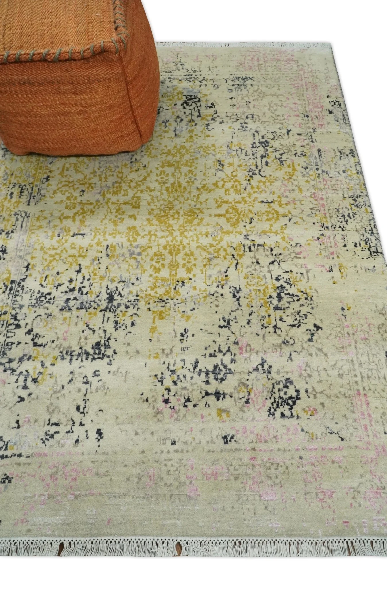4x6 Fine Hand Knotted Gold, Gray and Ivory Modern Abstract Wool and SIlk Area Rug | AGR17 - Image 3