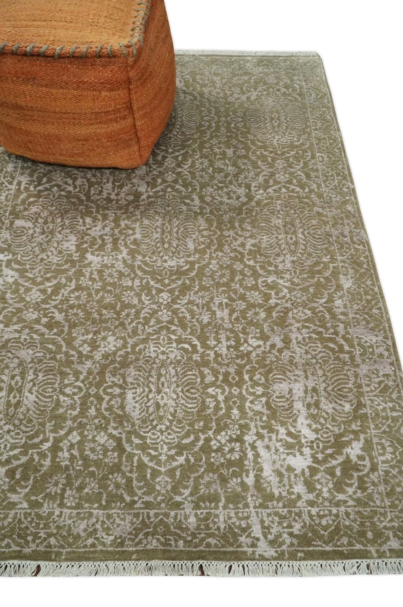 4x6 Fine Hand Knotted Olive and Silver Traditional Vintage Persian Style Antique Wool and SIlk Rug | AGR16 - Image 12