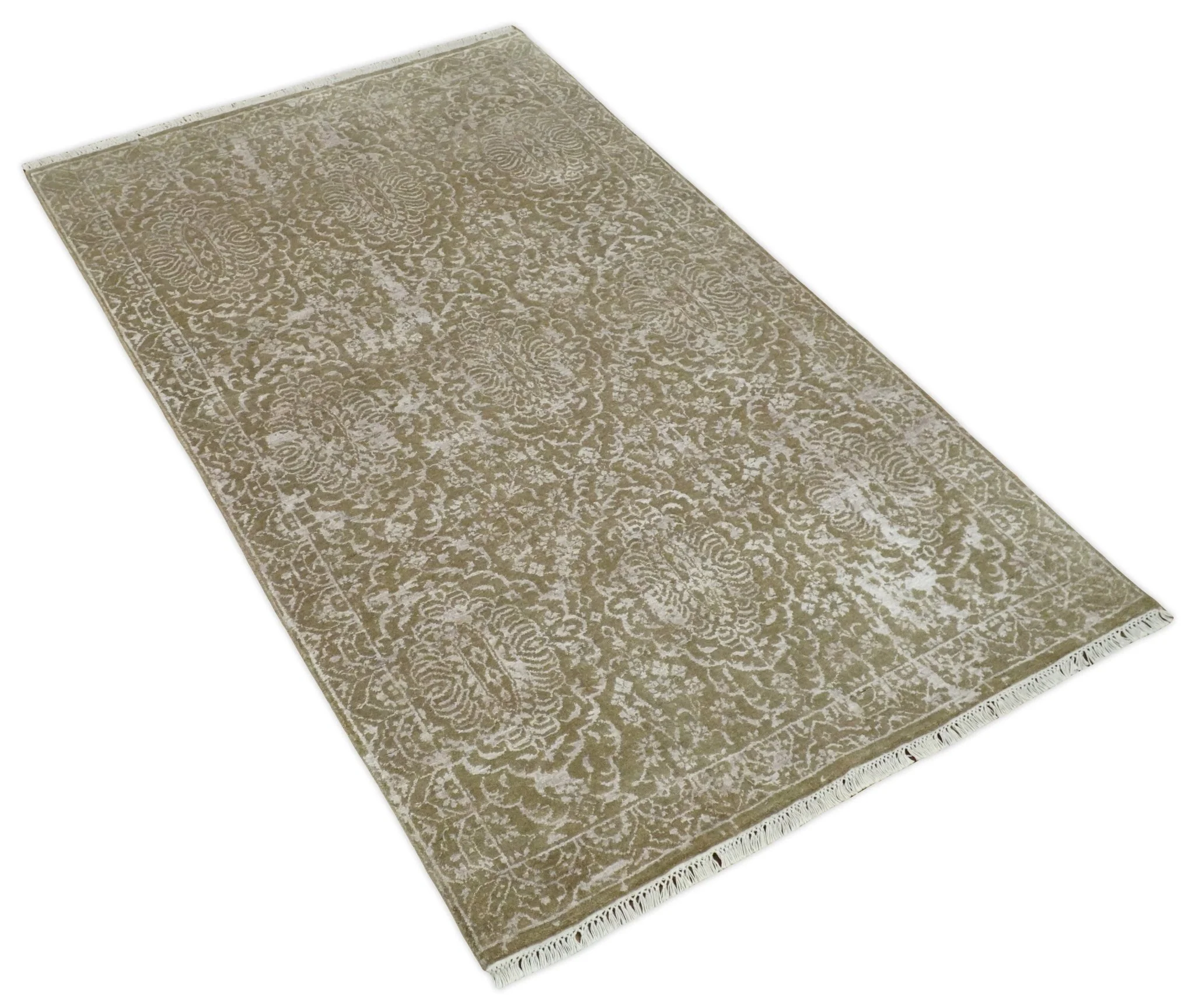 4x6 Fine Hand Knotted Olive and Silver Traditional Vintage Persian Style Antique Wool and SIlk Rug | AGR16 - Image 3