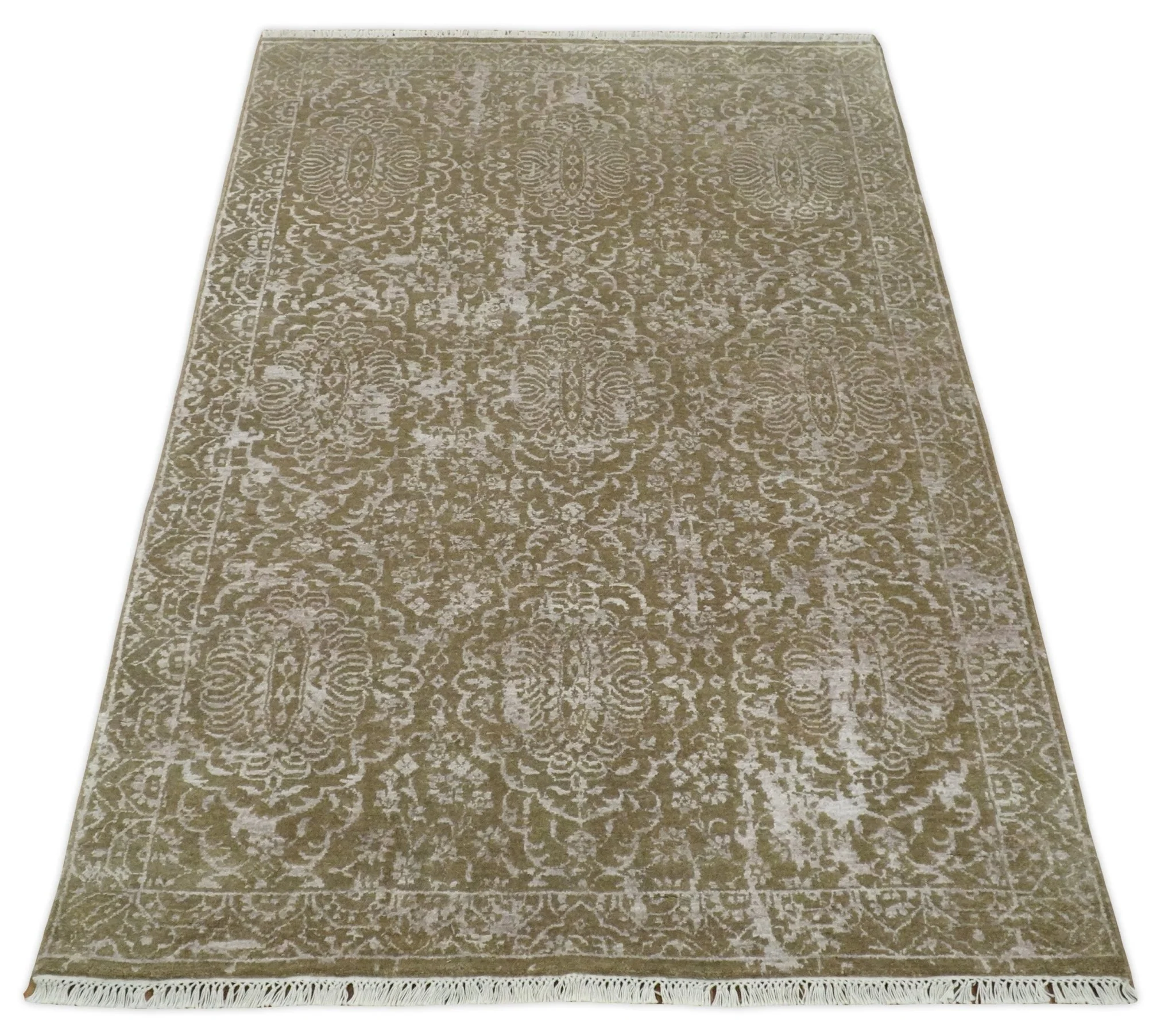 4x6 Fine Hand Knotted Olive and Silver Traditional Vintage Persian Style Antique Wool and SIlk Rug | AGR16 - Image 4