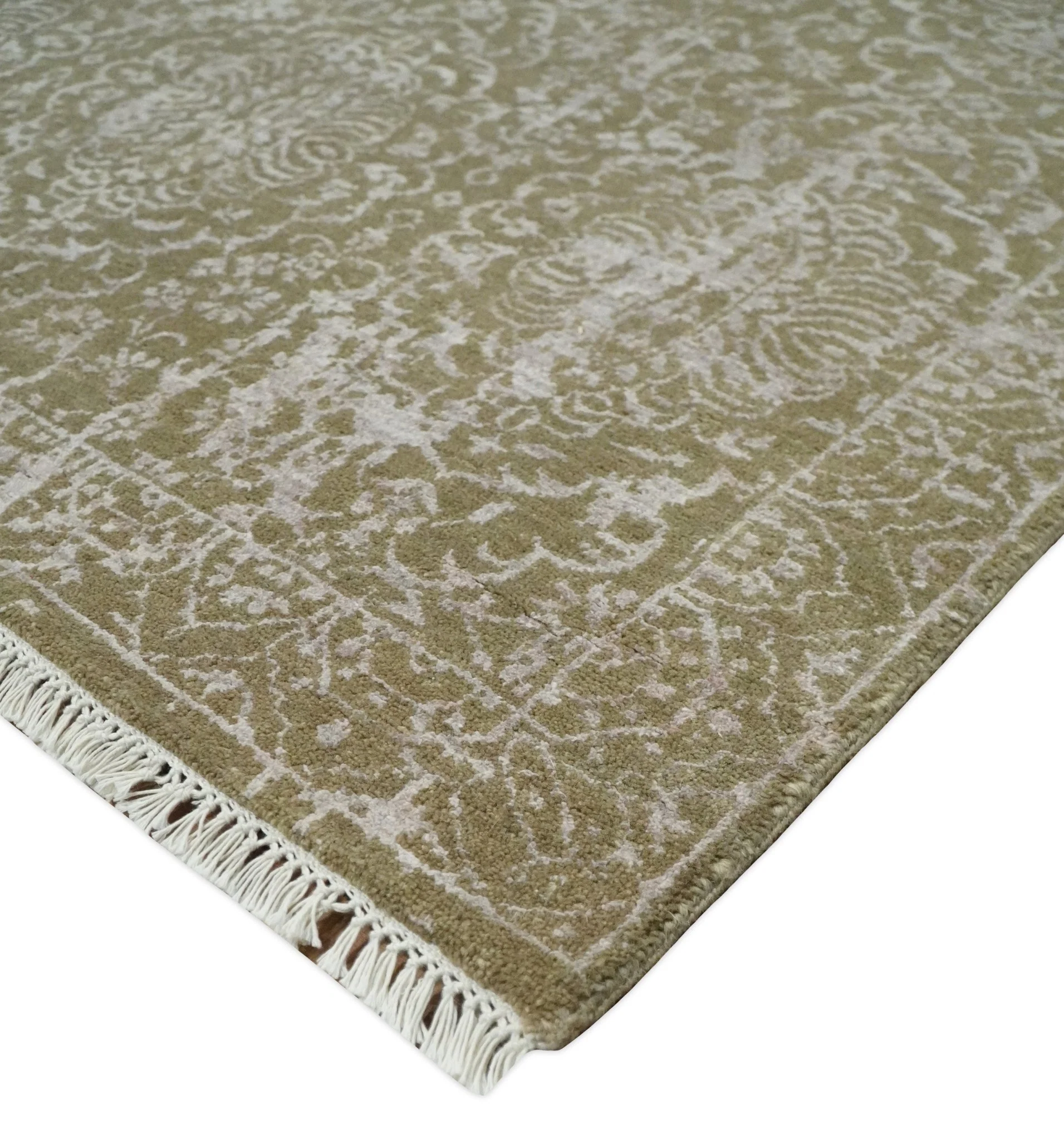 4x6 Fine Hand Knotted Olive and Silver Traditional Vintage Persian Style Antique Wool and SIlk Rug | AGR16 - Image 6