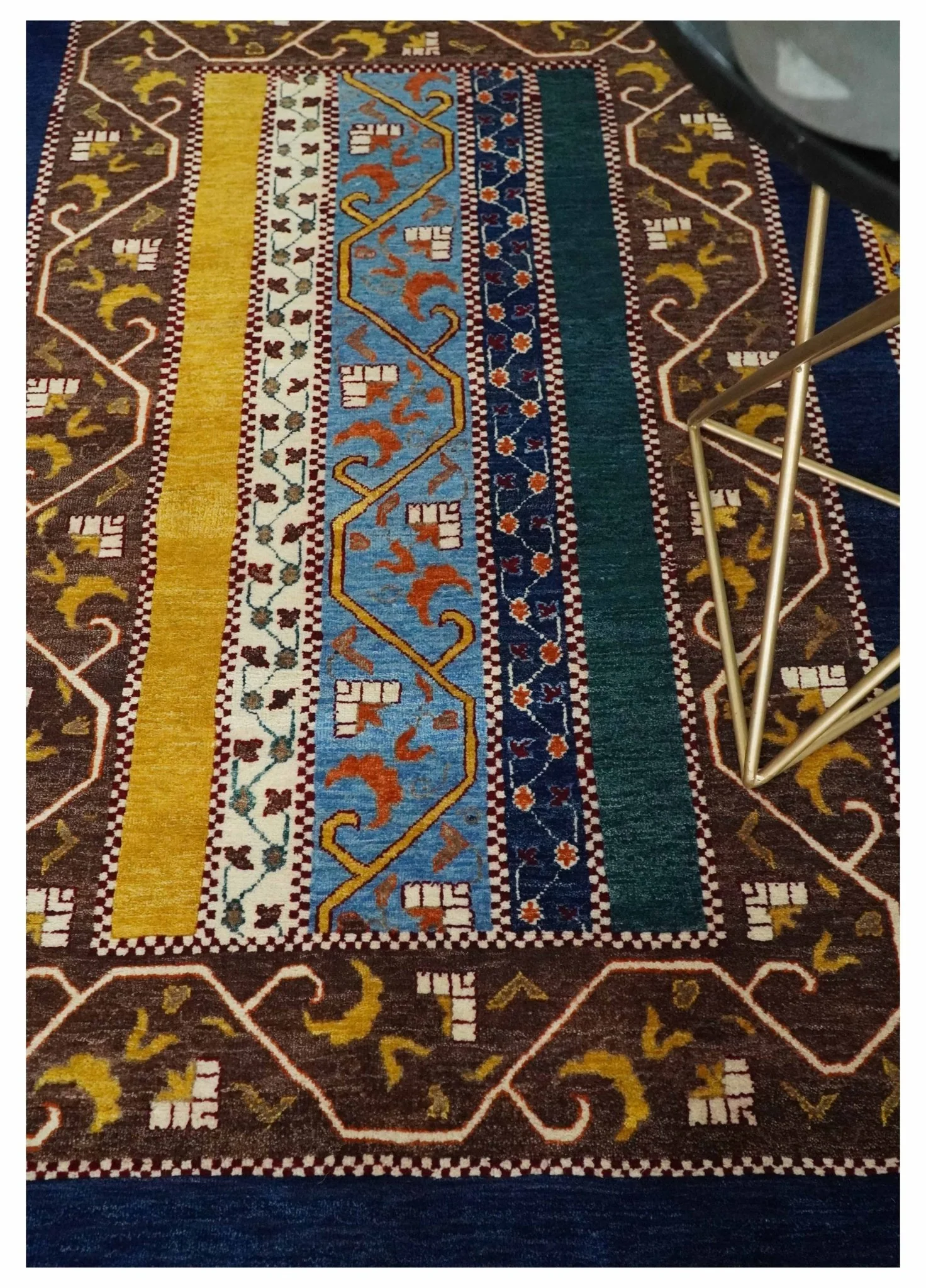 Hand Knotted 4x6 Green, Gold, Blue and Brown Striped Wool Southwestern Lori Gabbeh Rug | KNT55 - Image 2