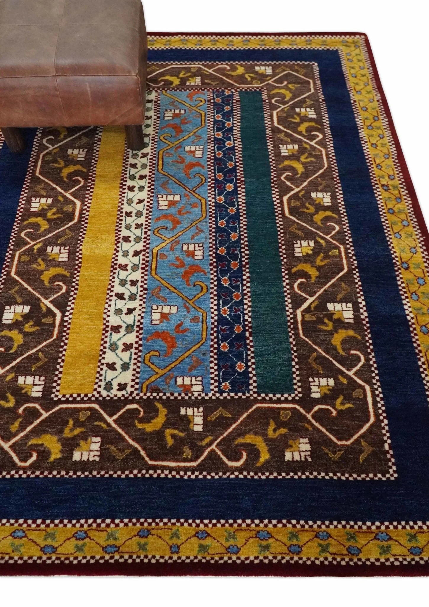 Hand Knotted 4x6 Green, Gold, Blue and Brown Striped Wool Southwestern Lori Gabbeh Rug | KNT55 - Image 3