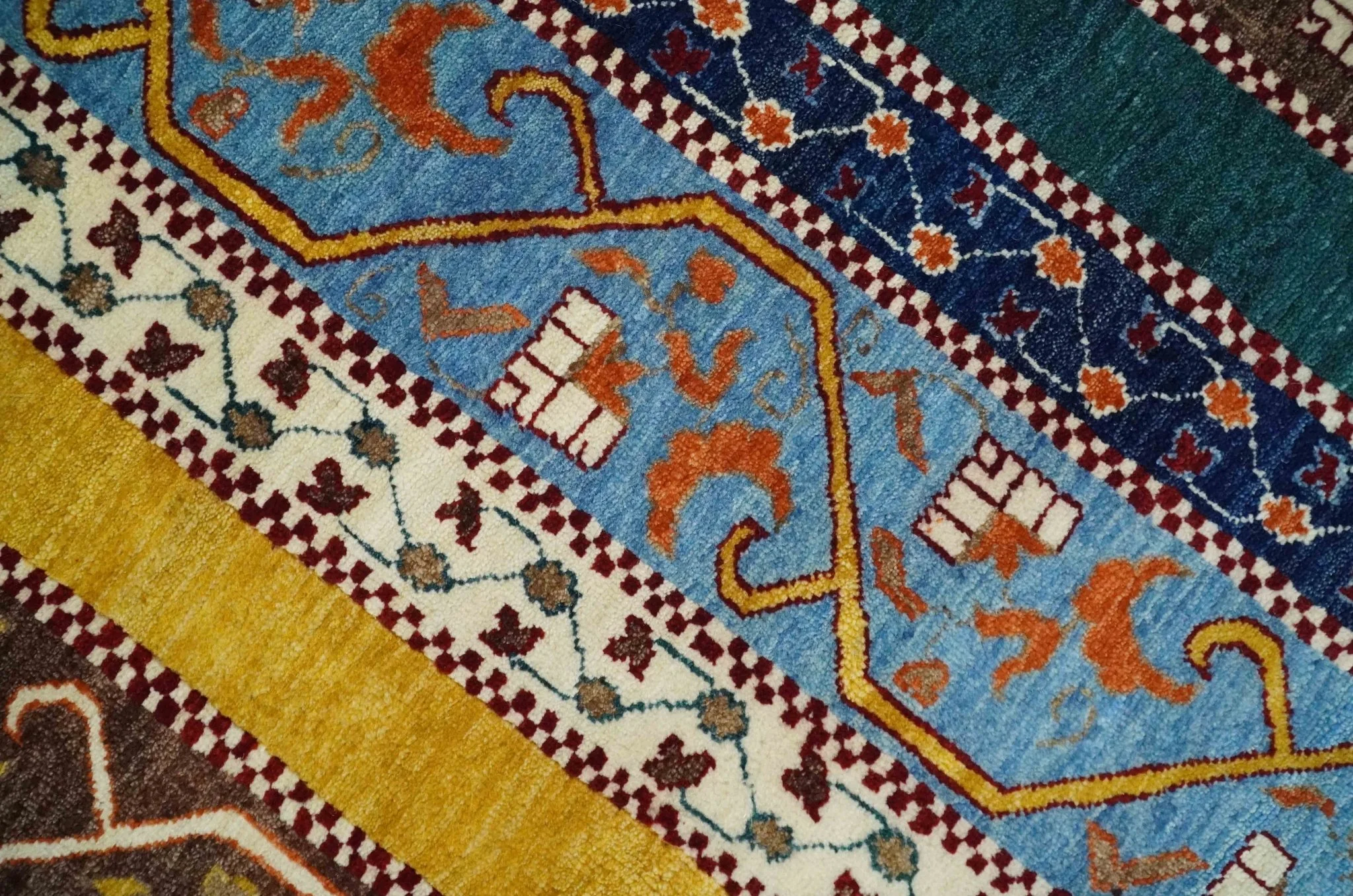 Hand Knotted 4x6 Green, Gold, Blue and Brown Striped Wool Southwestern Lori Gabbeh Rug | KNT55 - Image 4
