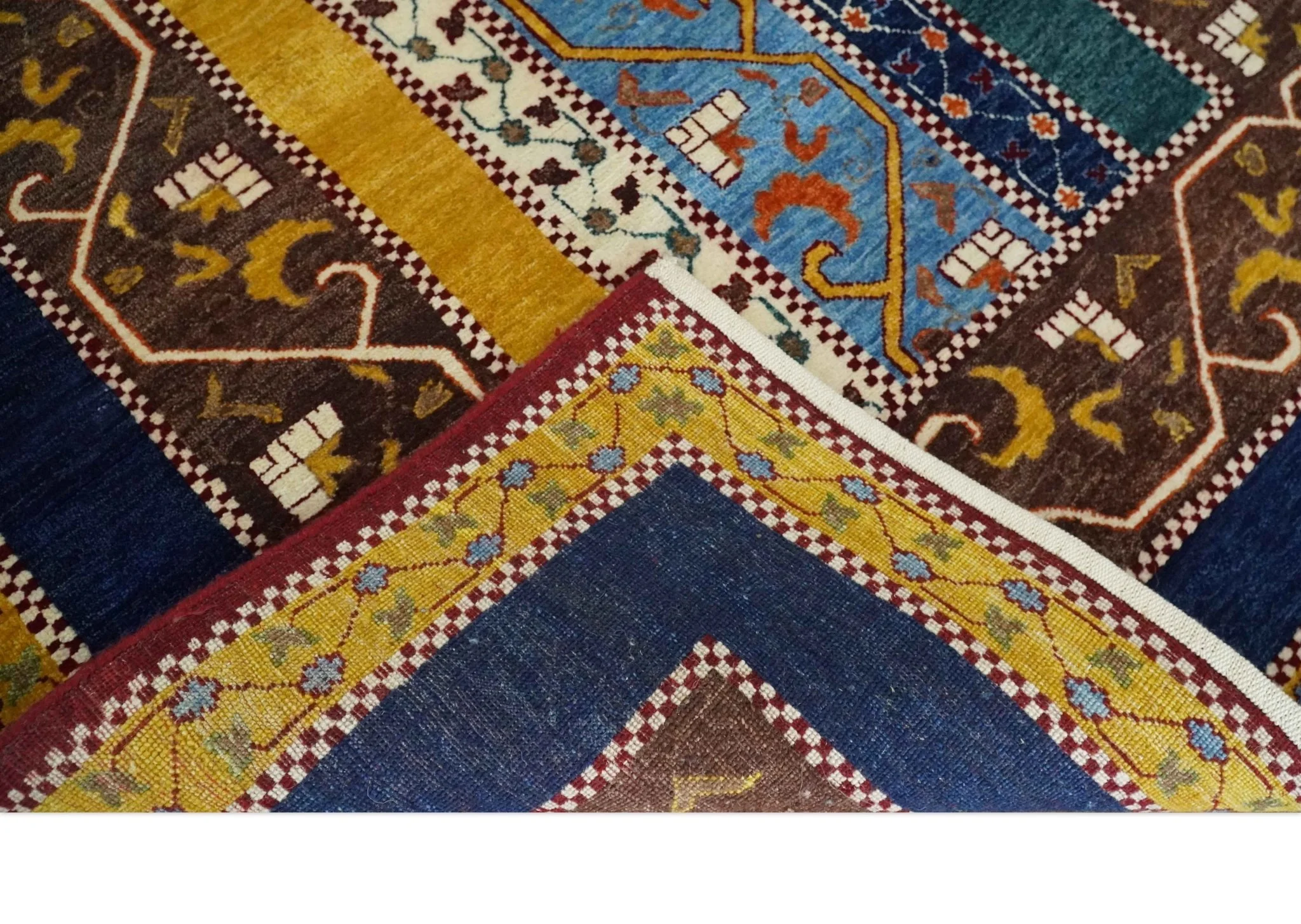 Hand Knotted 4x6 Green, Gold, Blue and Brown Striped Wool Southwestern Lori Gabbeh Rug | KNT55 - Image 6