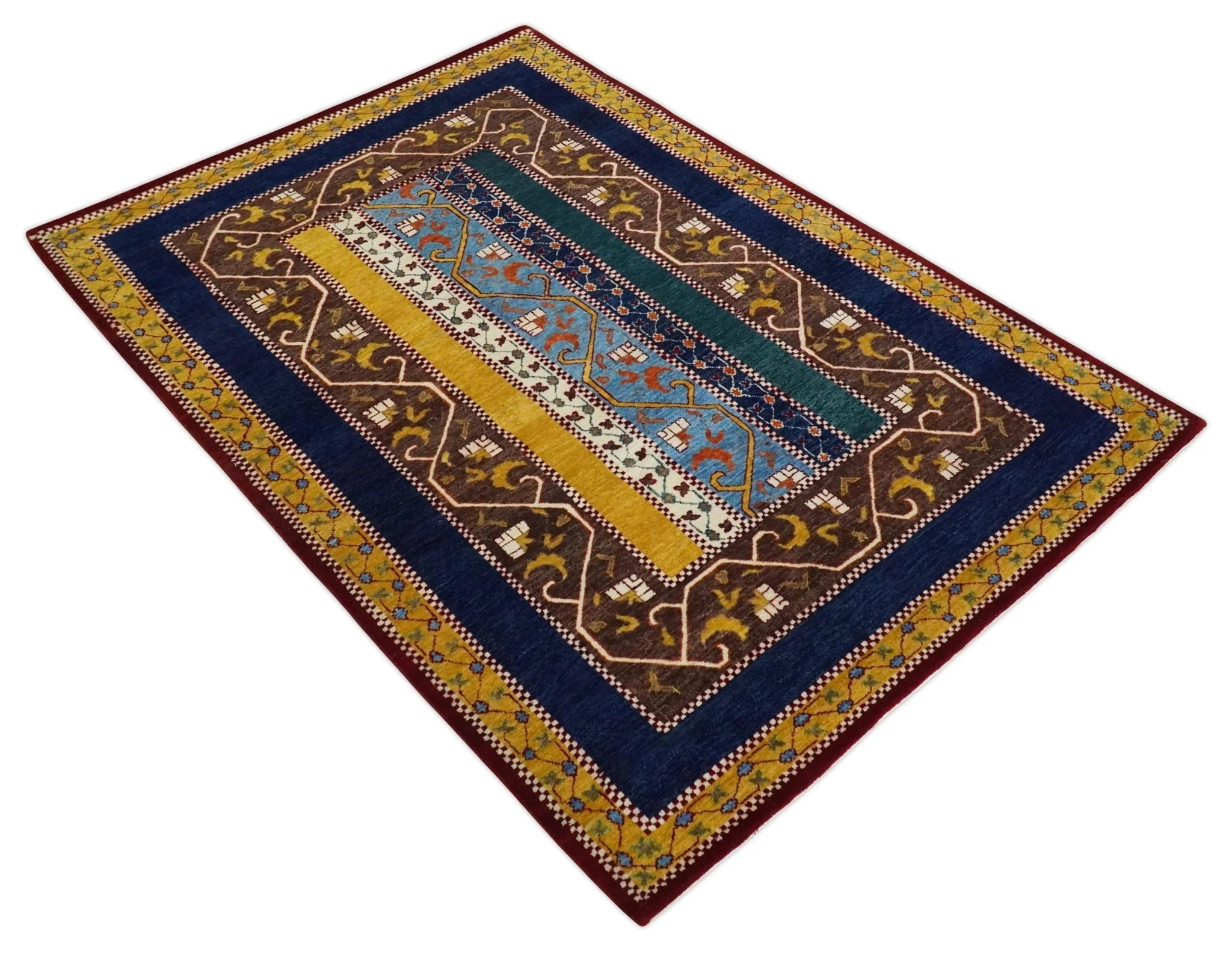 Hand Knotted 4x6 Green, Gold, Blue and Brown Striped Wool Southwestern Lori Gabbeh Rug | KNT55 - Image 8