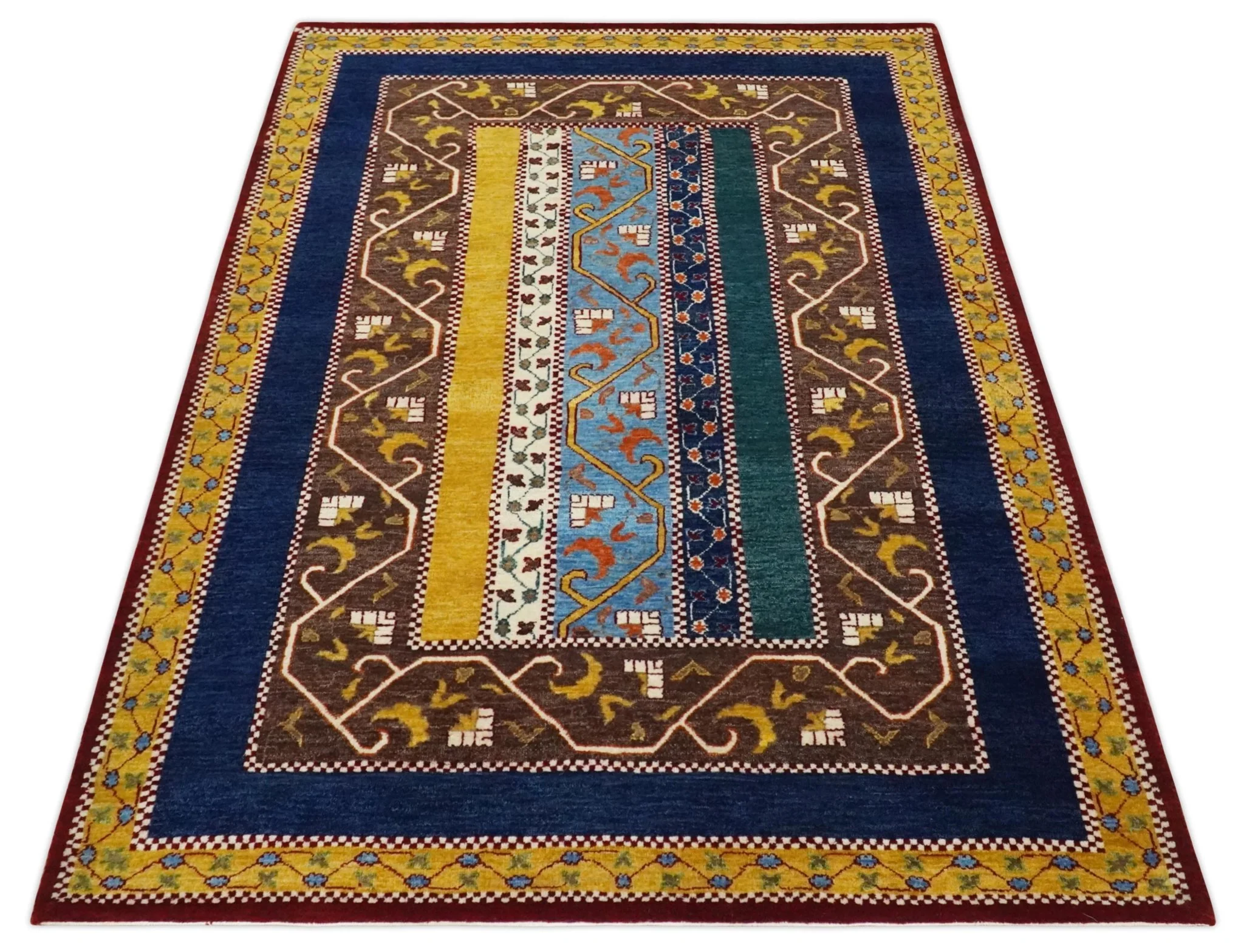 Hand Knotted 4x6 Green, Gold, Blue and Brown Striped Wool Southwestern Lori Gabbeh Rug | KNT55 - Image 9