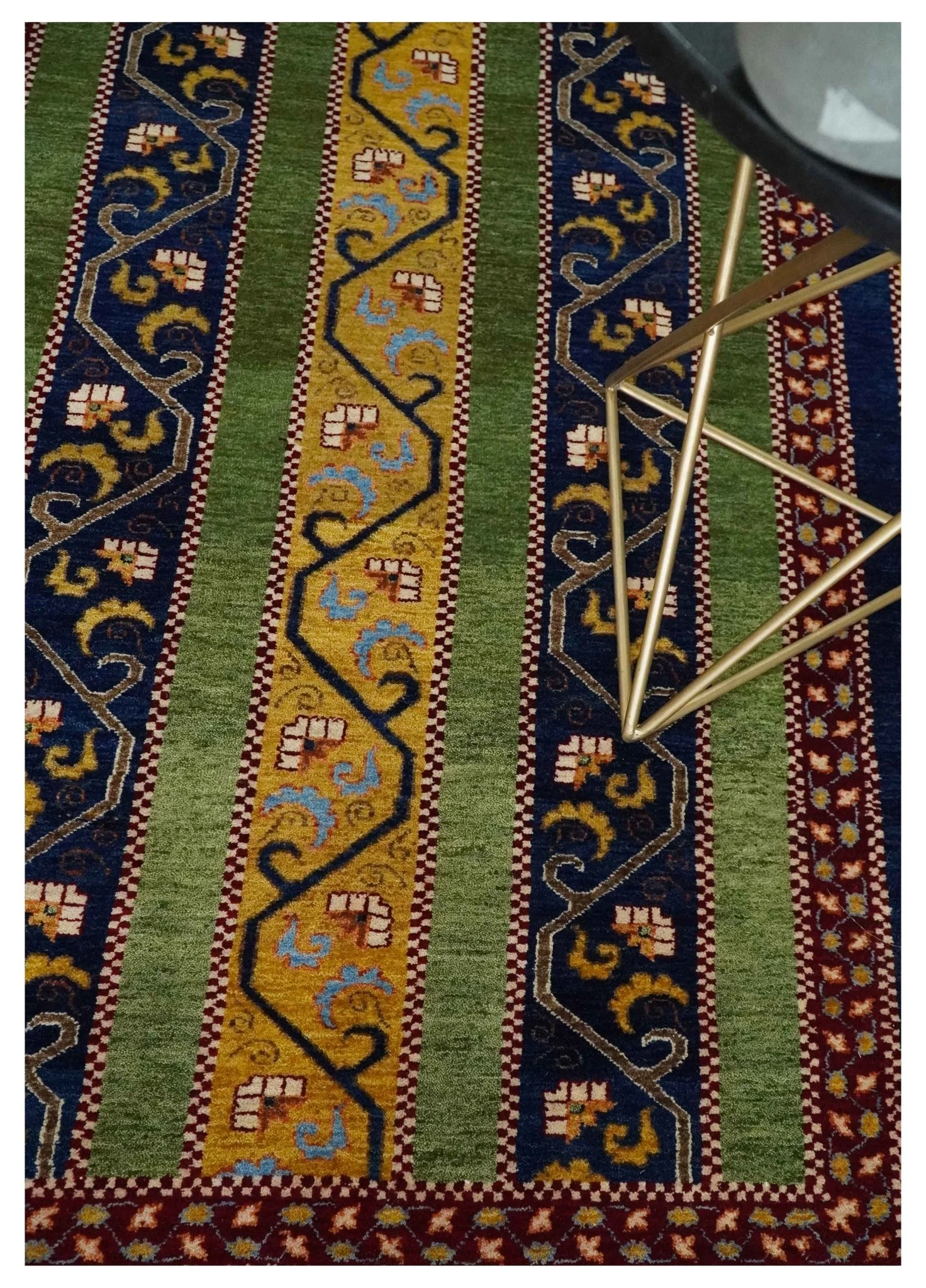4x6 Green, Gold and Blue Striped Wool Hand Knotted Southwestern Lori Gabbeh Rug | KNT54 - Image 2