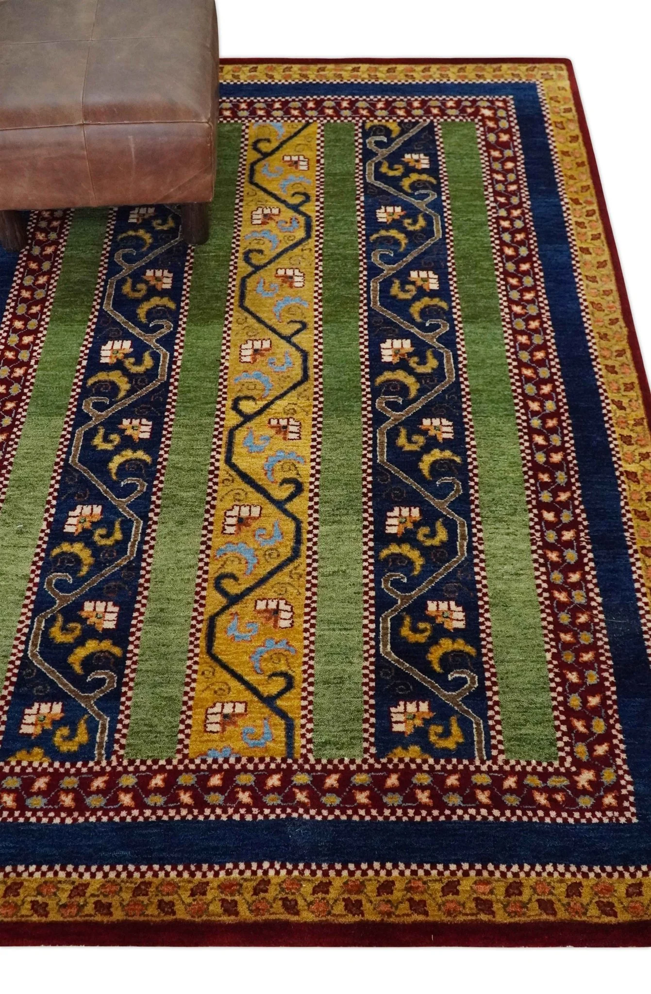 4x6 Green, Gold and Blue Striped Wool Hand Knotted Southwestern Lori Gabbeh Rug | KNT54 - Image 3