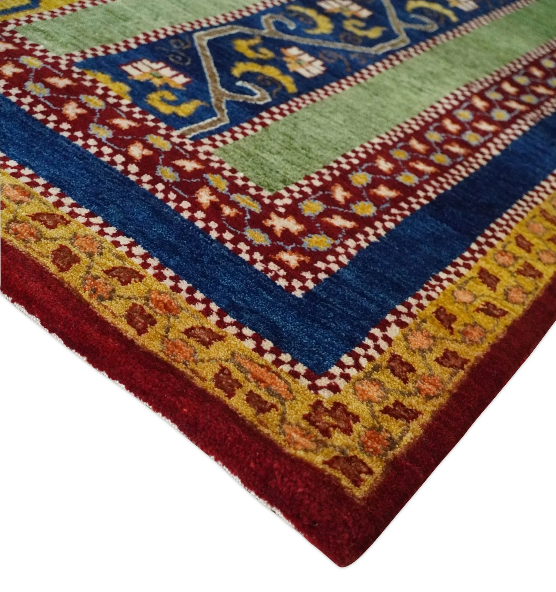 4x6 Green, Gold and Blue Striped Wool Hand Knotted Southwestern Lori Gabbeh Rug | KNT54 - Image 5