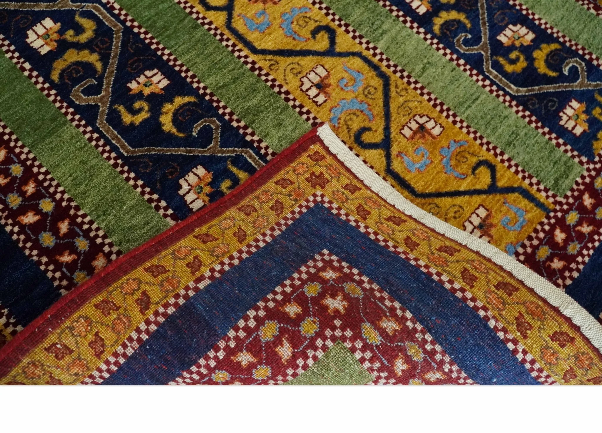 4x6 Green, Gold and Blue Striped Wool Hand Knotted Southwestern Lori Gabbeh Rug | KNT54 - Image 6