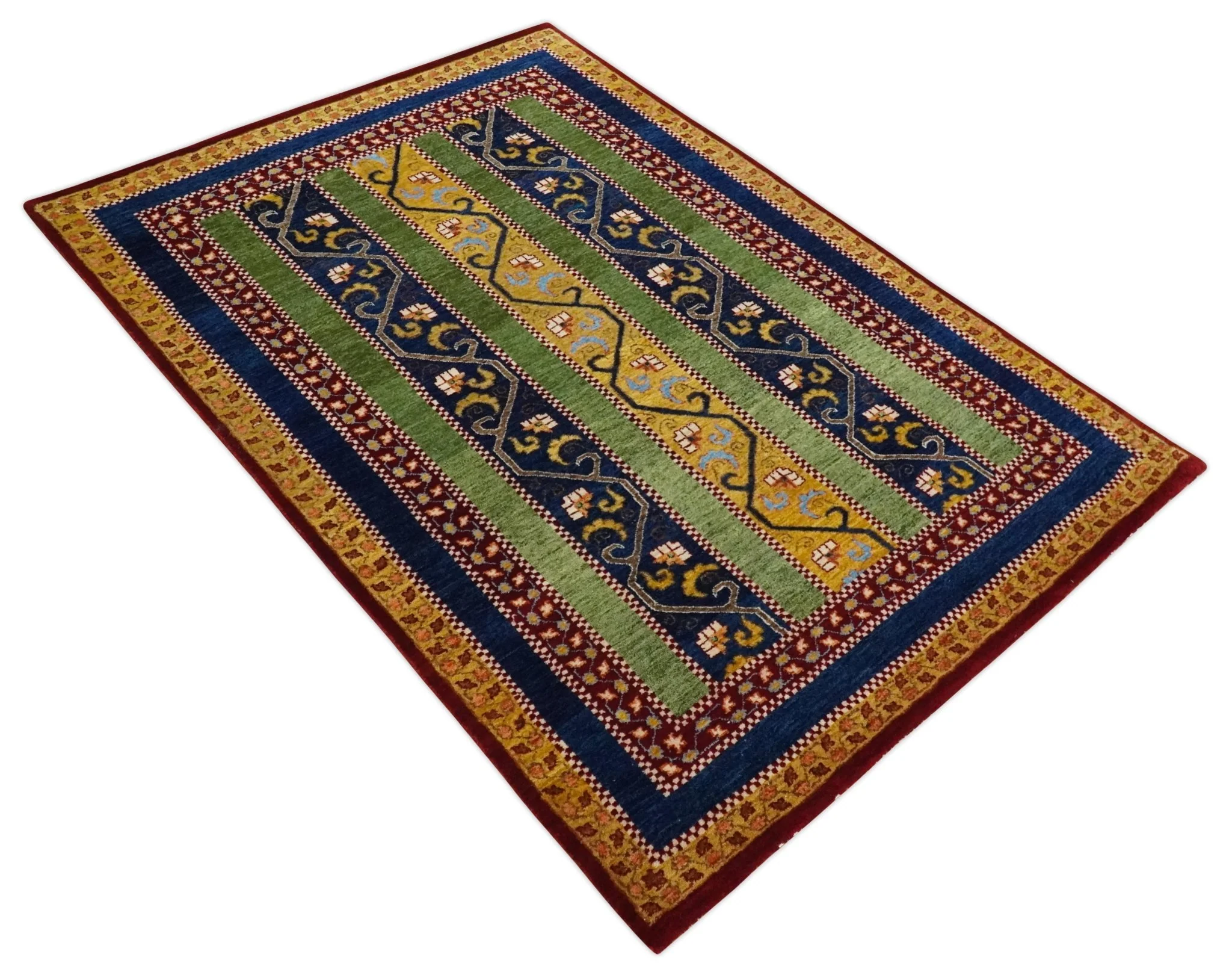 4x6 Green, Gold and Blue Striped Wool Hand Knotted Southwestern Lori Gabbeh Rug | KNT54 - Image 8
