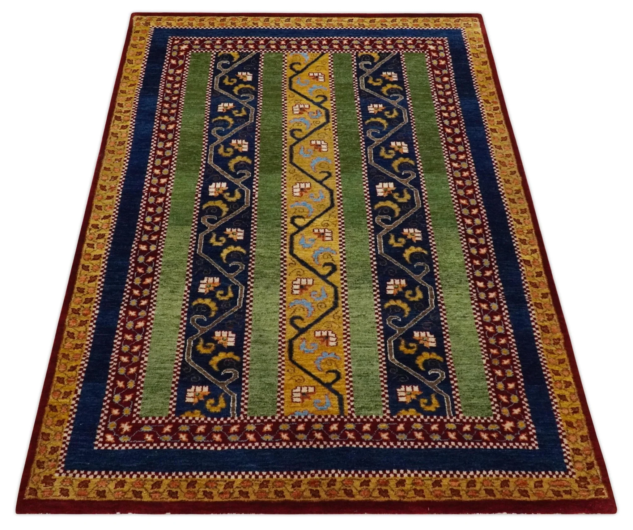 4x6 Green, Gold and Blue Striped Wool Hand Knotted Southwestern Lori Gabbeh Rug | KNT54 - Image 9