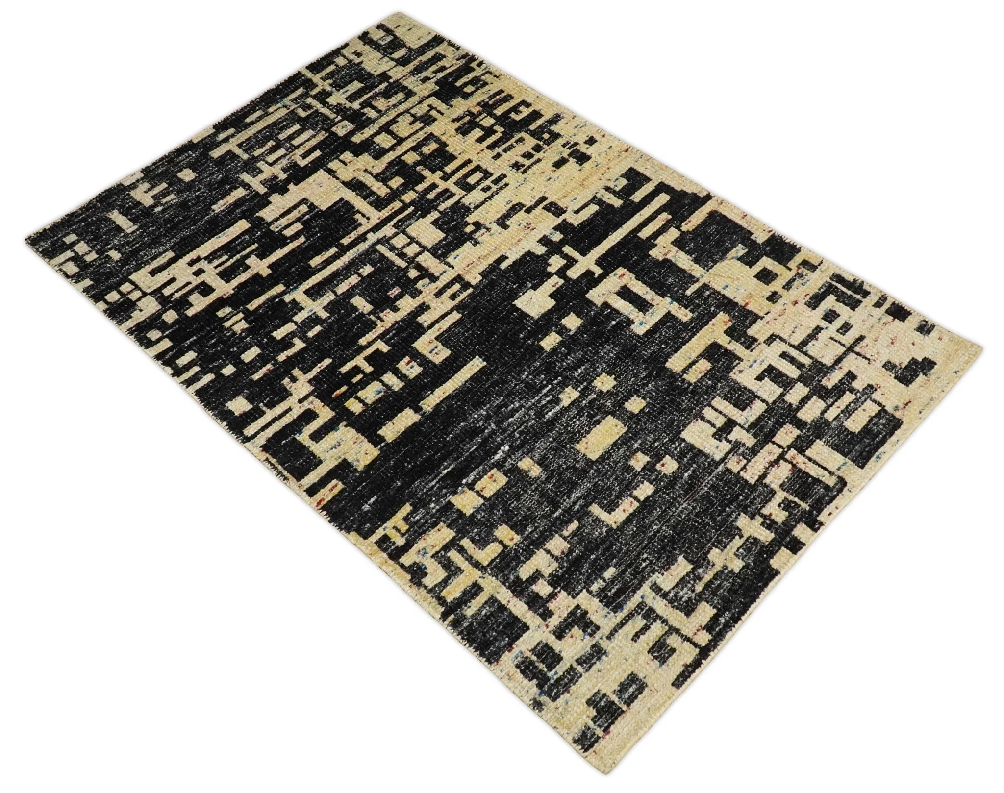 4x6 Hand Knotted Beige and Black Modern Abstract Contemporary Recycled Silk Area Rug | OP54 - Image 9