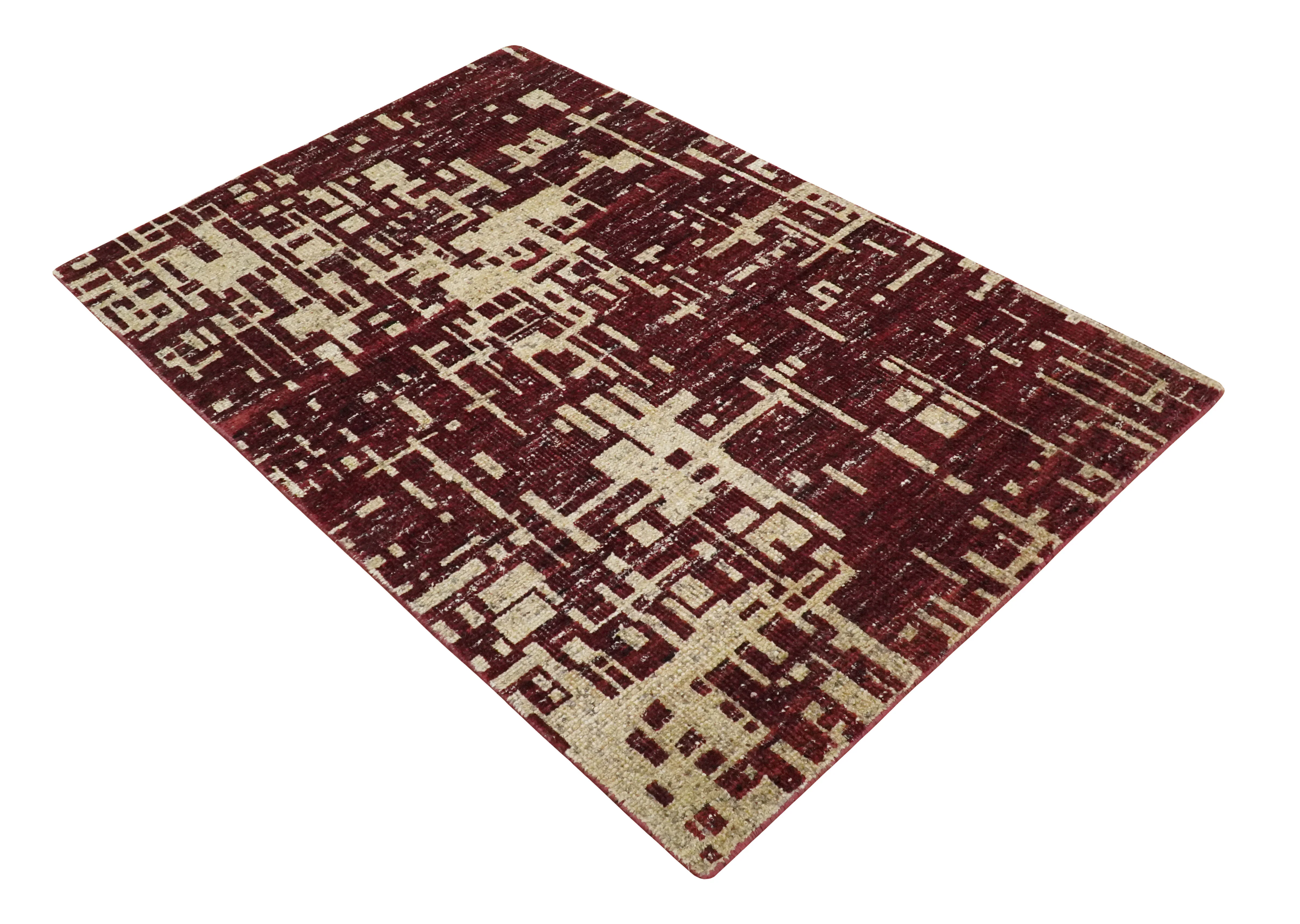 4x6 Hand Knotted Beige and Maroon Modern Abstract Contemporary Recycled Silk Area Rug | OP64 - Image 10
