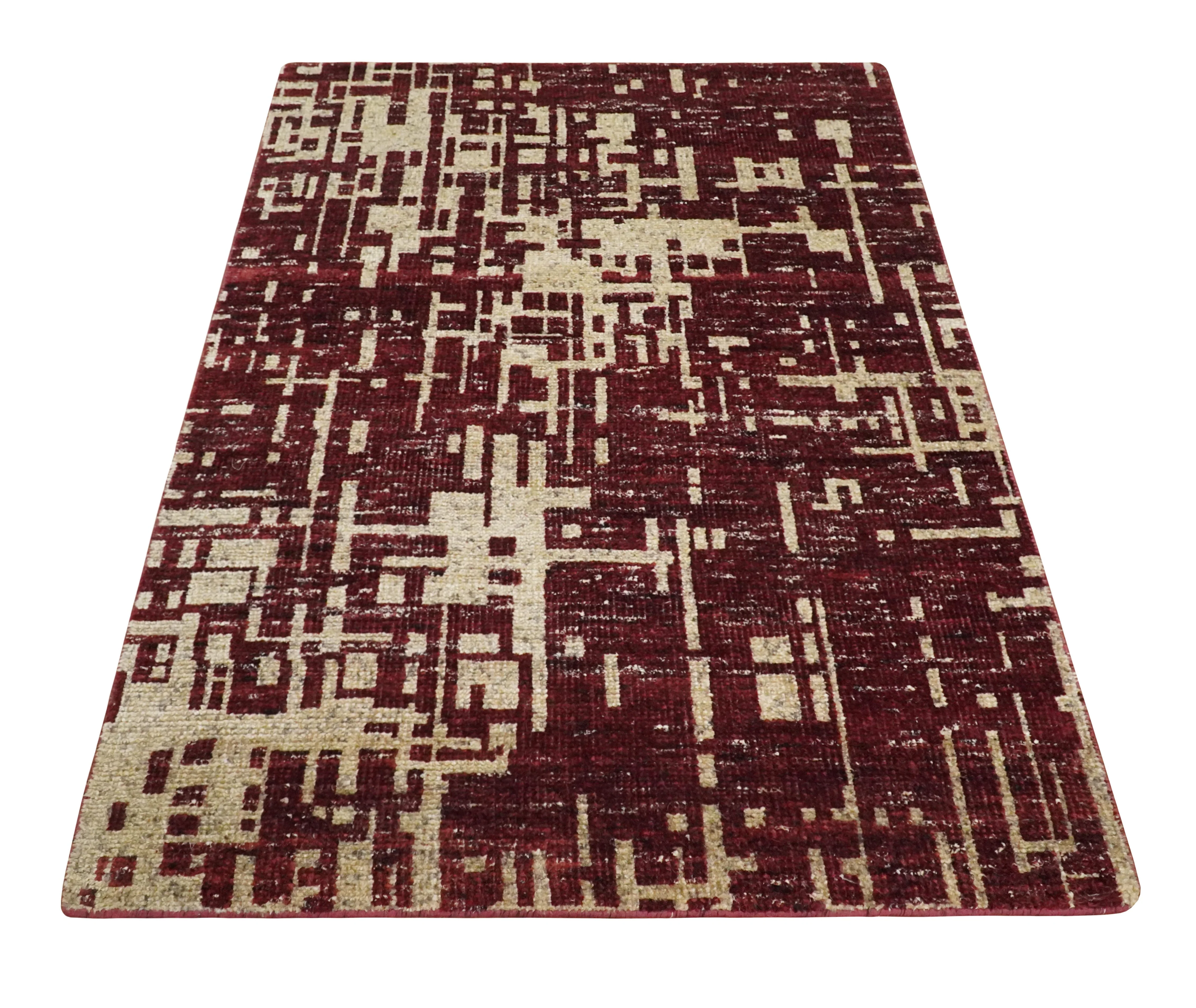 4x6 Hand Knotted Beige and Maroon Modern Abstract Contemporary Recycled Silk Area Rug | OP64 - Image 11