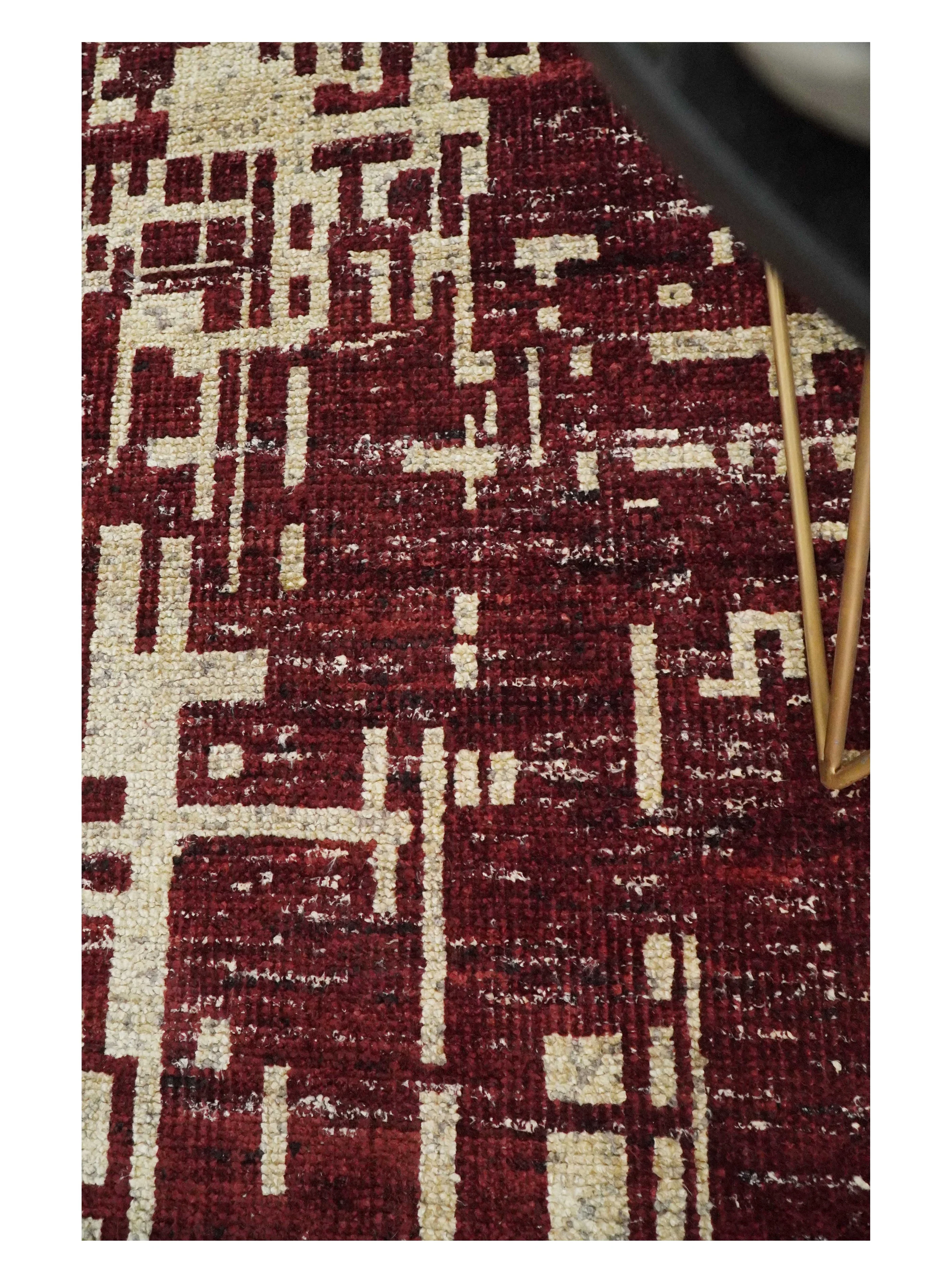 4x6 Hand Knotted Beige and Maroon Modern Abstract Contemporary Recycled Silk Area Rug | OP64 - Image 4