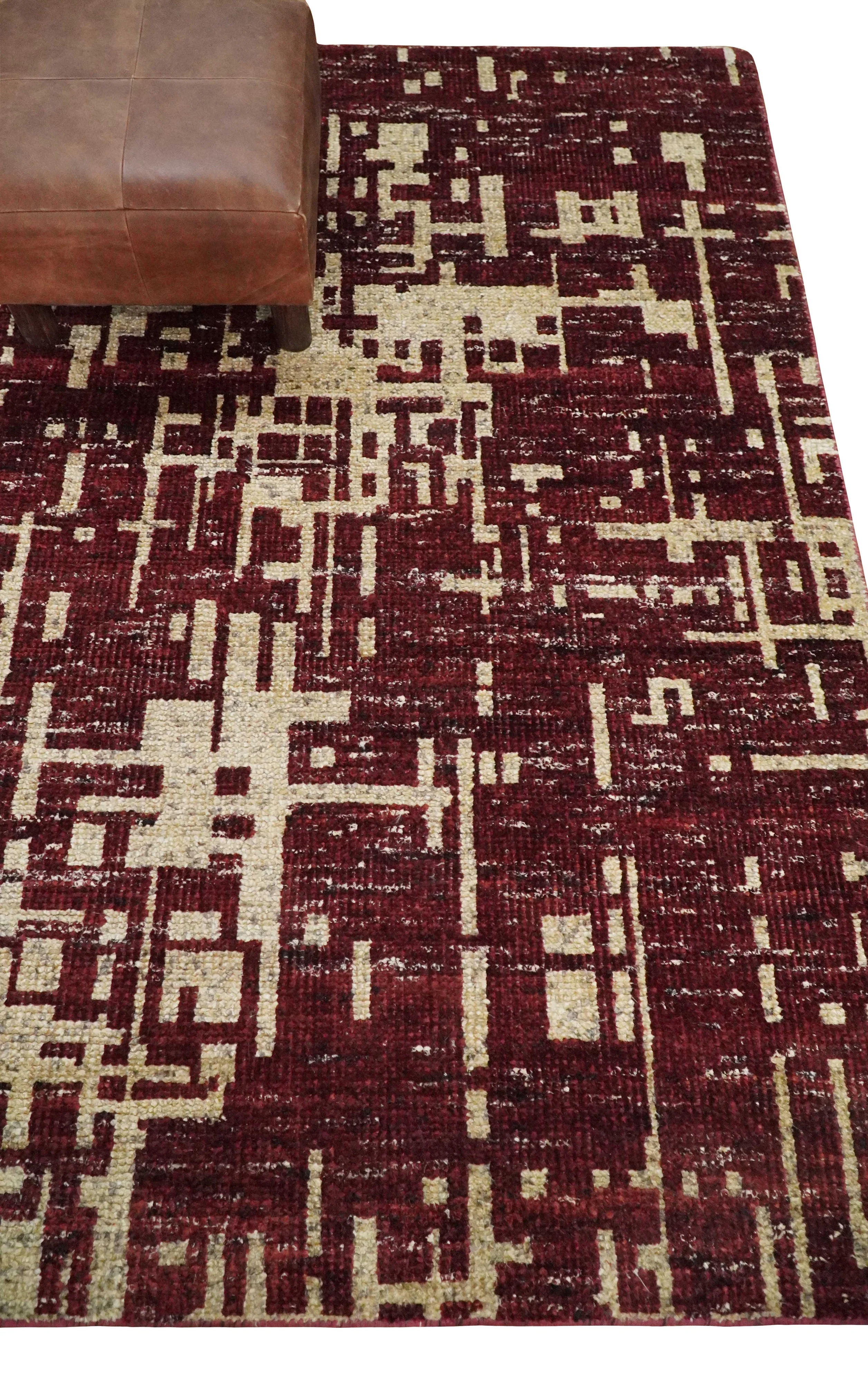 4x6 Hand Knotted Beige and Maroon Modern Abstract Contemporary Recycled Silk Area Rug | OP64 - Image 5