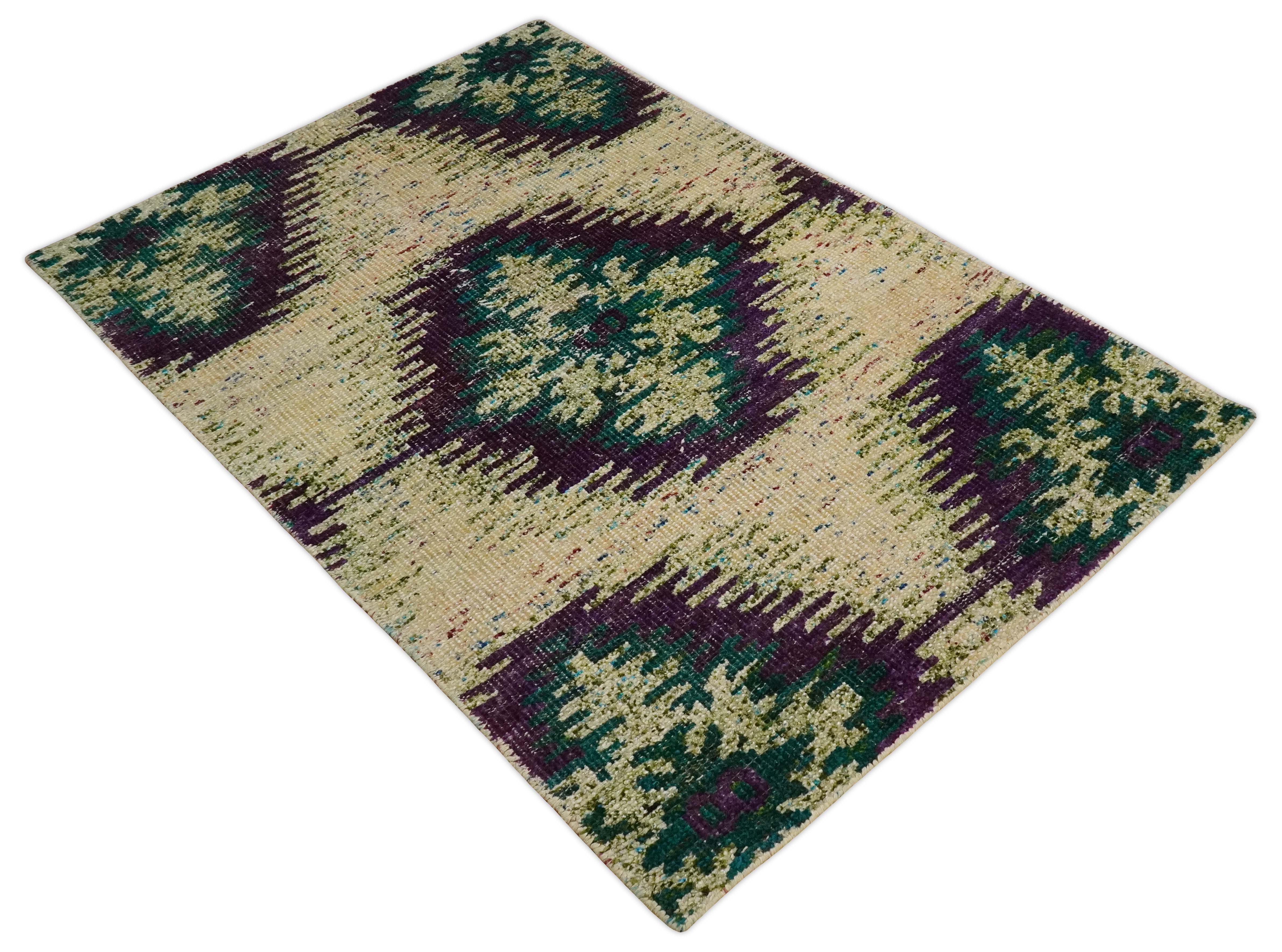 Hand Knotted 4x6 Beige, Violet and Green Persian made of Recycled Silk Area Rug | OP57 - Image 11