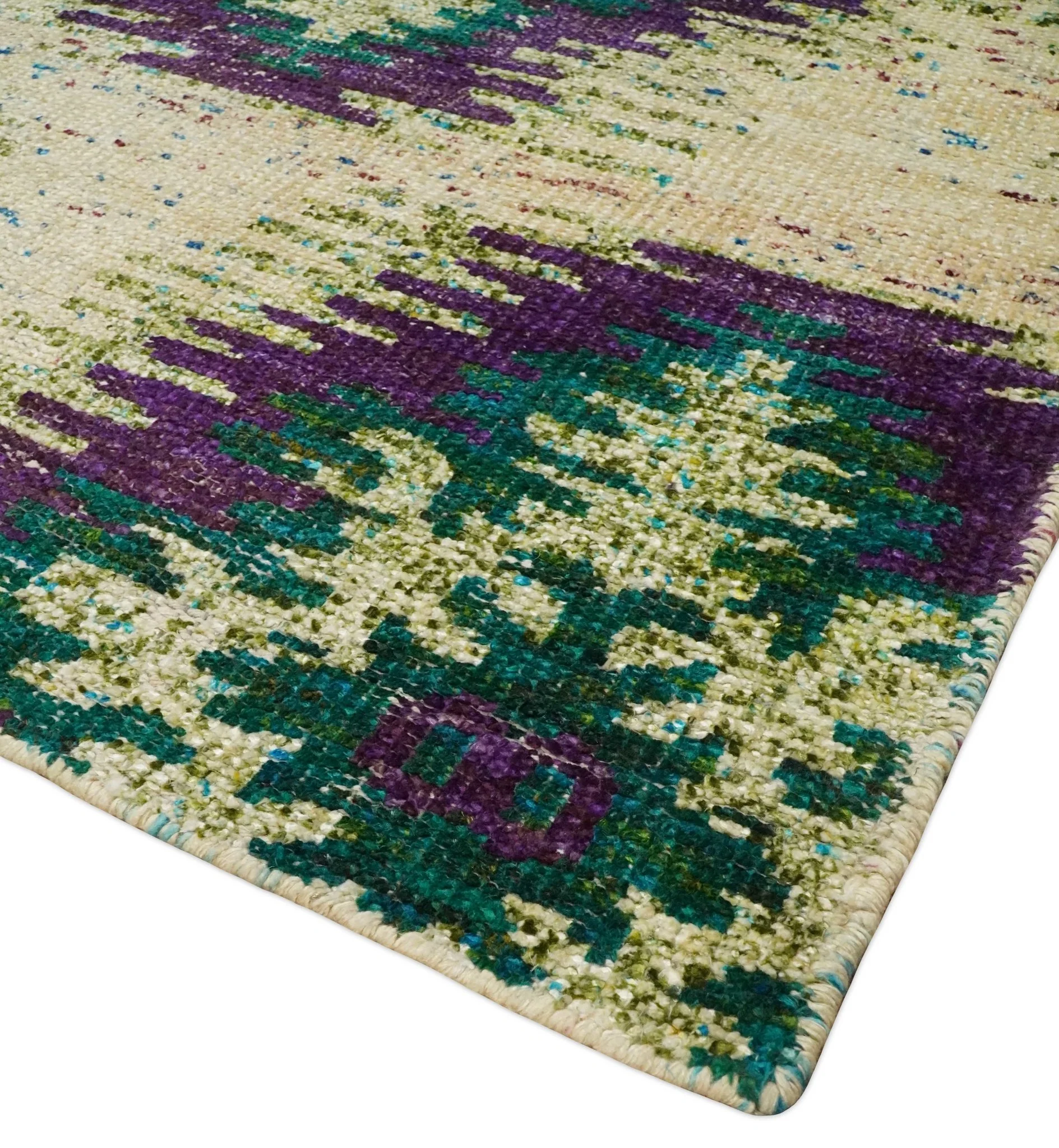 Hand Knotted 4x6 Beige, Violet and Green Persian made of Recycled Silk Area Rug | OP57 - Image 3